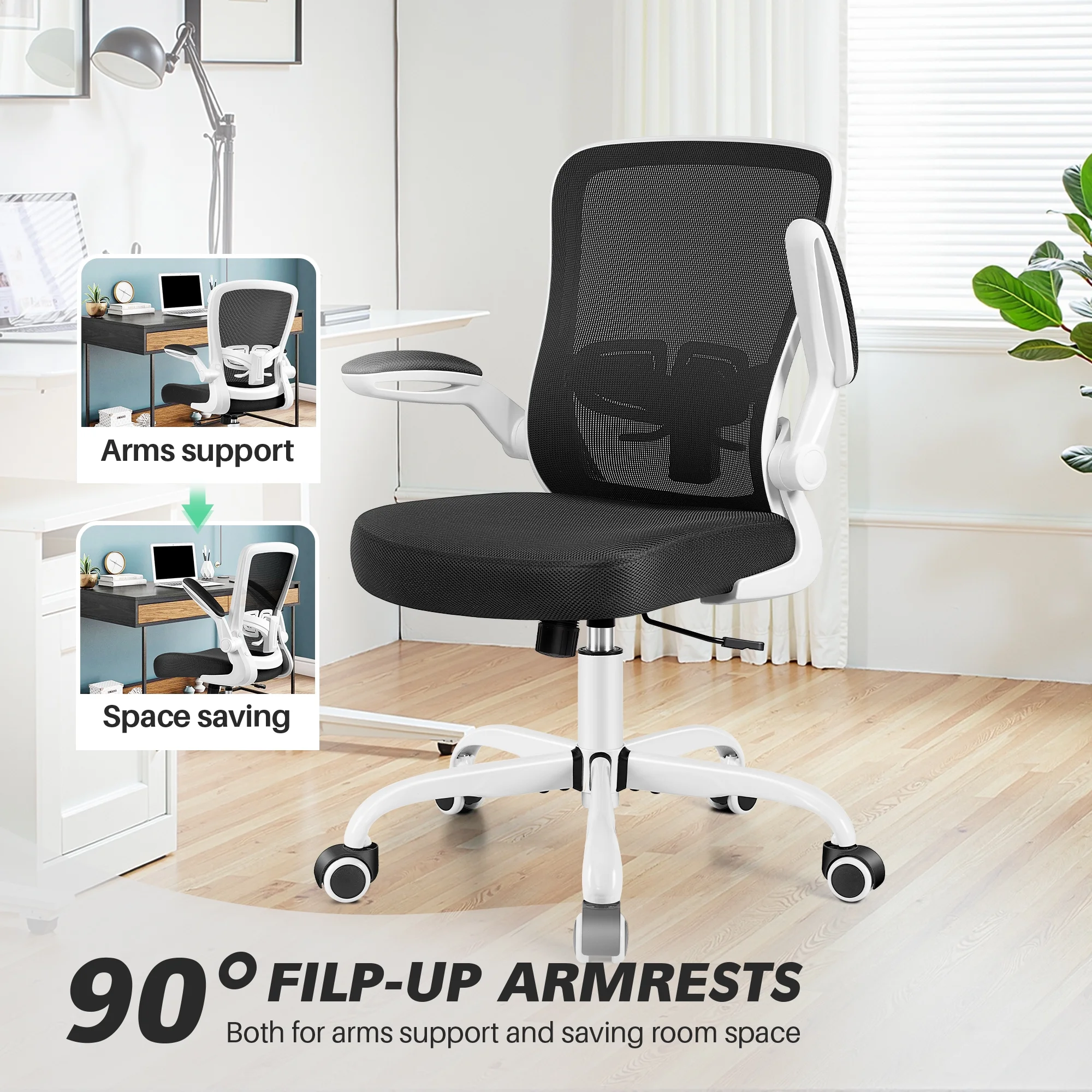 COOLHUT Ergonomic Office Chair, 400LBS Task Chair, Comfort Desk Chair with Adjustable Lumbar Support and Flip up Arms, Black