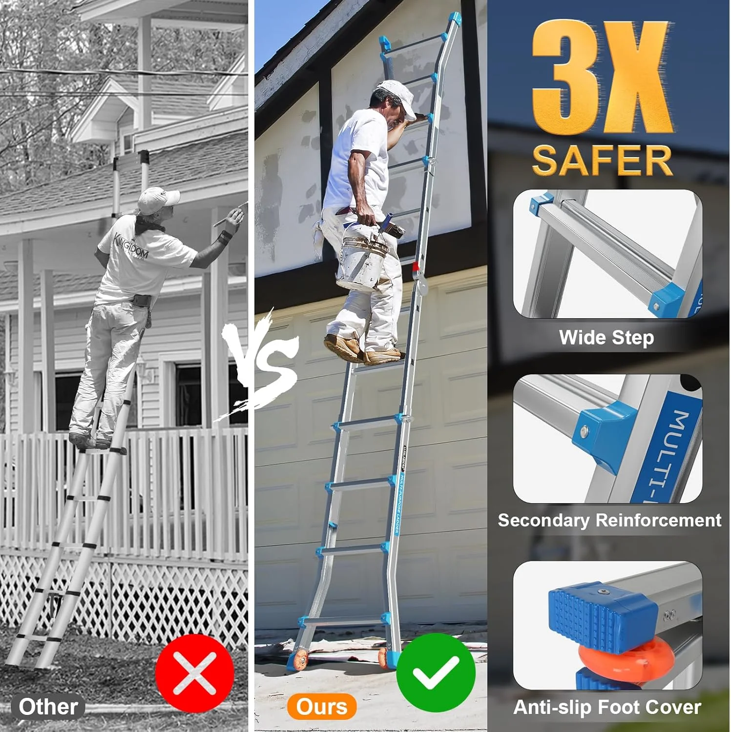 LUISLADDERS Ladder, A Frame 6 Step Ladder Telescoping Ladder, 22 Ft Reach Height Muti Position Folding Ladder Flared Leg & Wheels Design, 330 lbs Capacity Extension Ladder for Household Outdoor Work