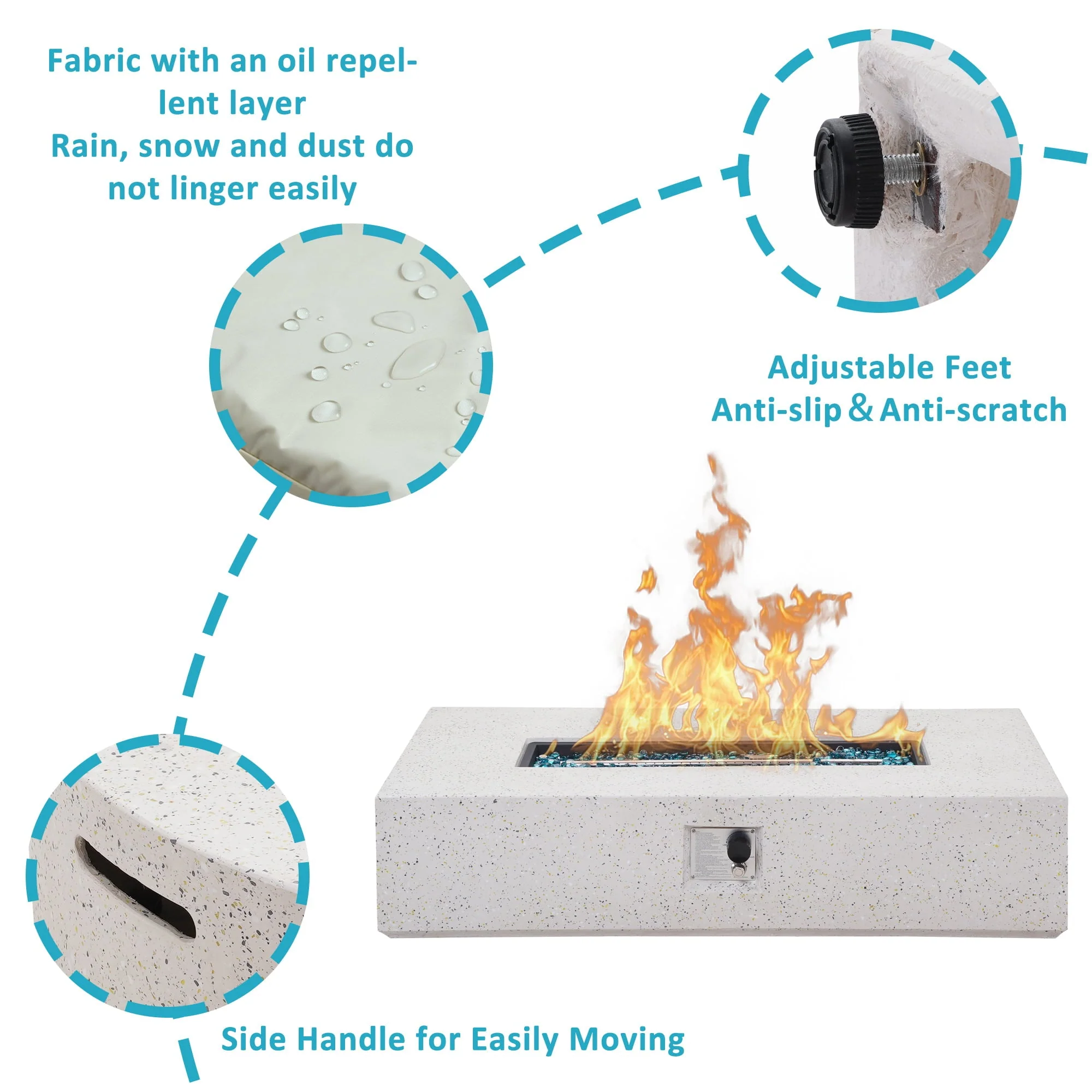 ESSENTIAL LOUNGER 56 inch Concrete Propane Fire Pit Table, 50,000 BTU Outdoor Firepit Rectangular Table for Garden＆Patio, with Propane Tank Metal Stand, Fire Glass Beads and Waterproof Cover, White