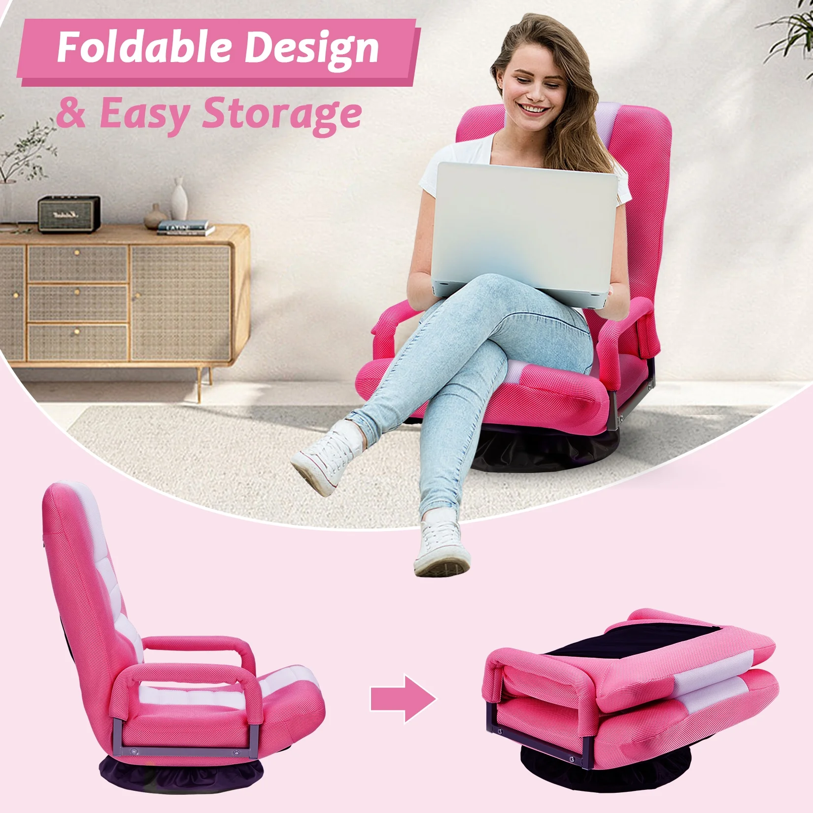 Avocahom Swivel Gaming Floor Chair w/ Armrest Handles, No Assembly gaming chair rocker, Folding Reclining Sofa w/6 Position Adjustable Backrest for Video Games, Watching TV, Reading,Blue