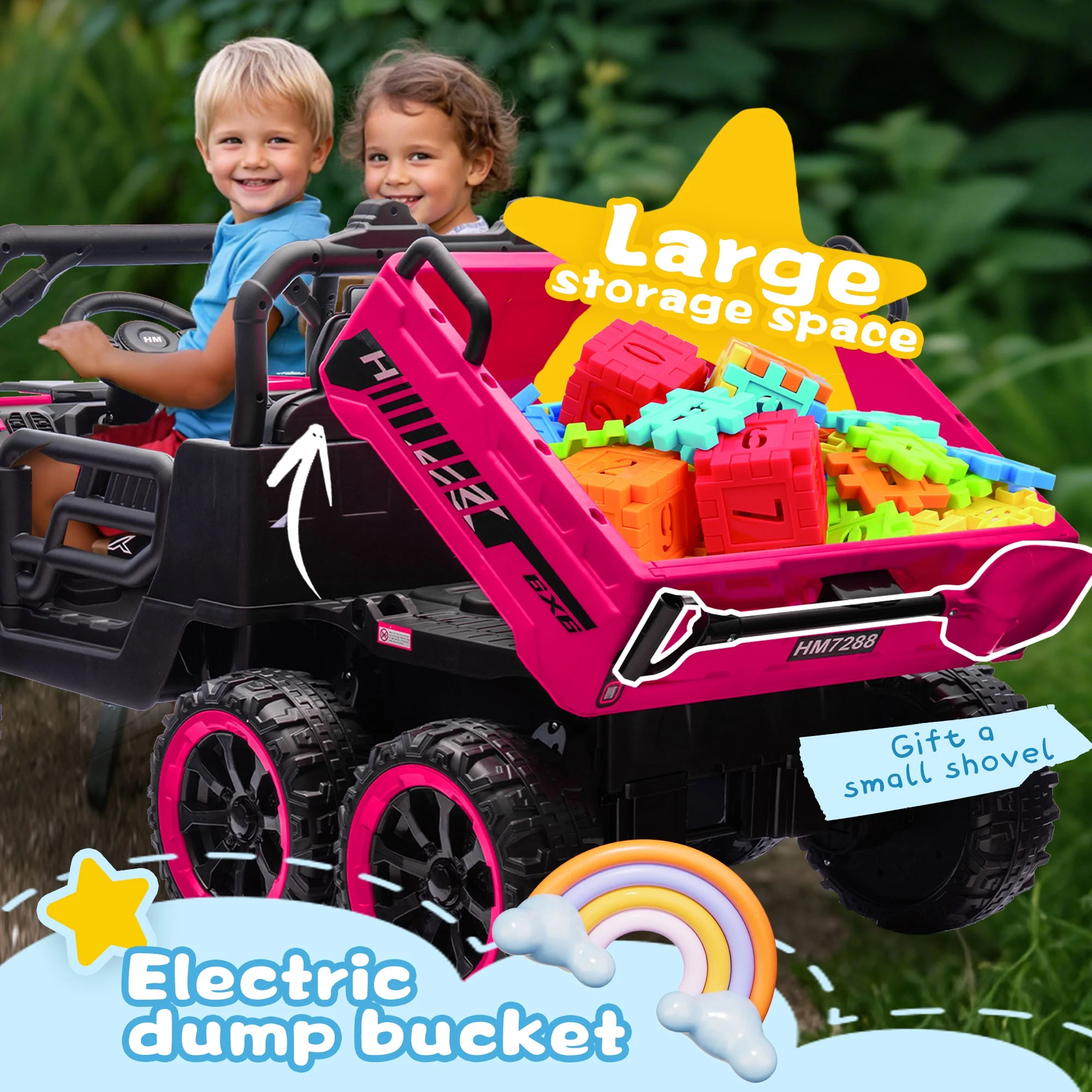 Xuanlur 24V 2 Seater Kids Ride on Car Truck, Ride on UTV W/ 2x200W Motor, 24 Volt Ride on Toys W/ Dump Bed/Shovel, Electric Car for Kids W/ Durable Tires, LED Light, Music, Remote Control, Black