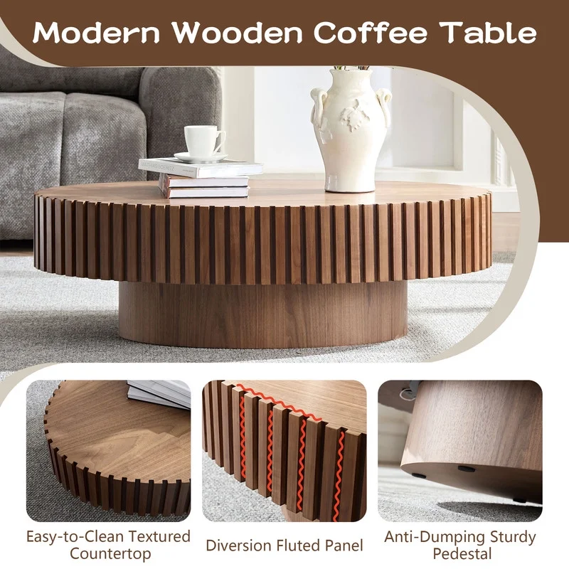 FFH 43.7 inch Oval Coffee Table for Living Room,Handcraft Rustic Corner Coffee Table Nature Wood Relief Sturdy Pedestal for Apartmen,Side Table Centre Table,Nature Wood