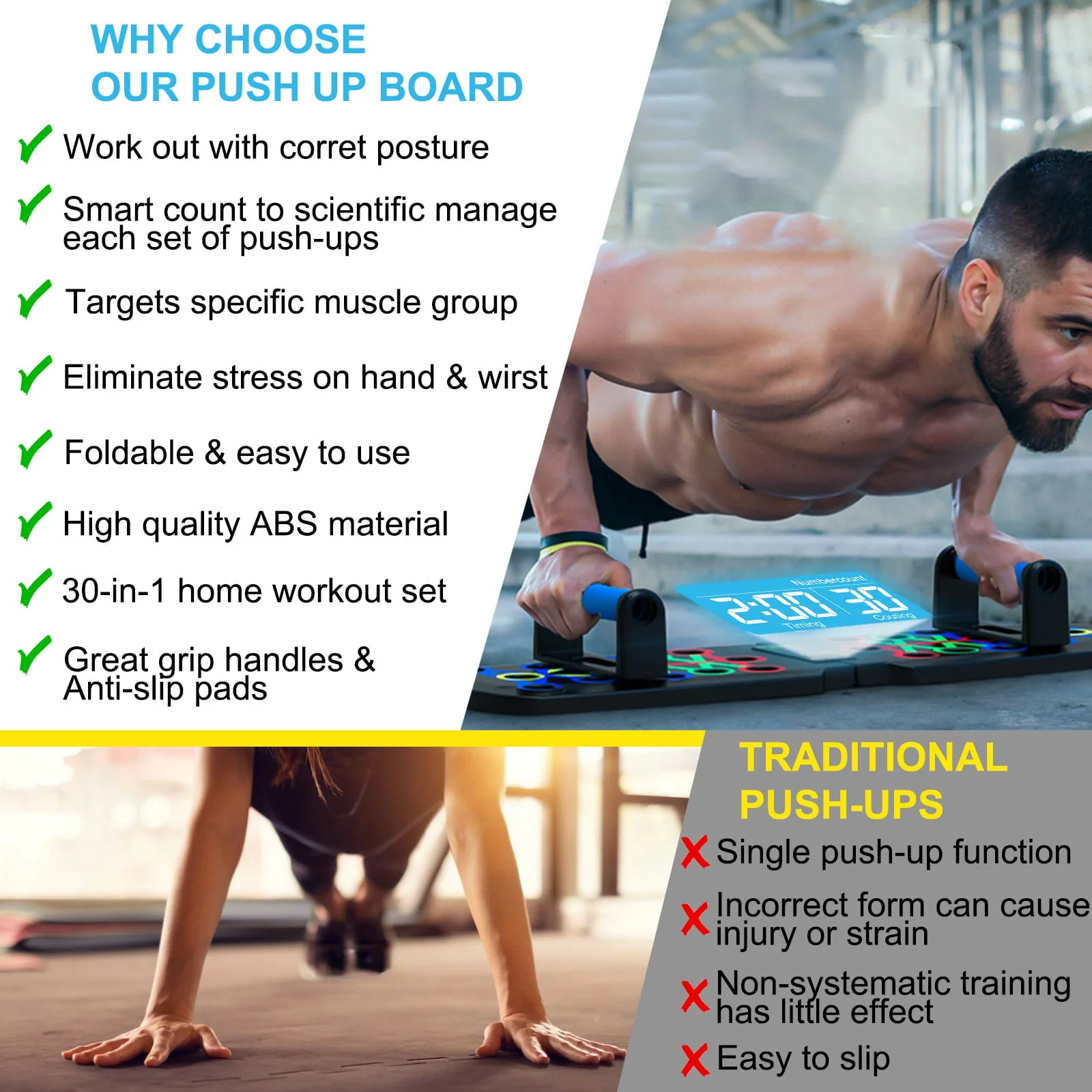Push up Board, Portable Push up Bar with Auto Timing & Counting, Home Workout Equipment Push up Board for Men and Women with Resistance Bands, Strength Train Chest Tricep Back Workout
