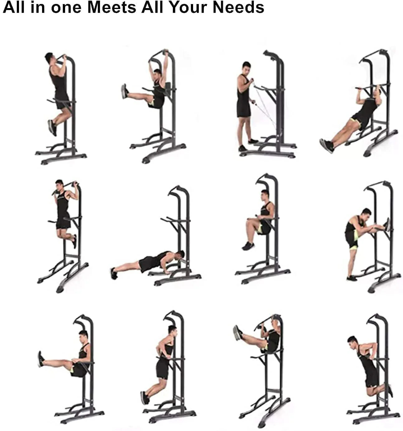 PROHIKER Power Tower Dip Station, Pull Up Bar Stand Power Rack with Backrest and Resistance Band, Height Adjustable Strength Training Equipment for Fitness Home Workout, Black