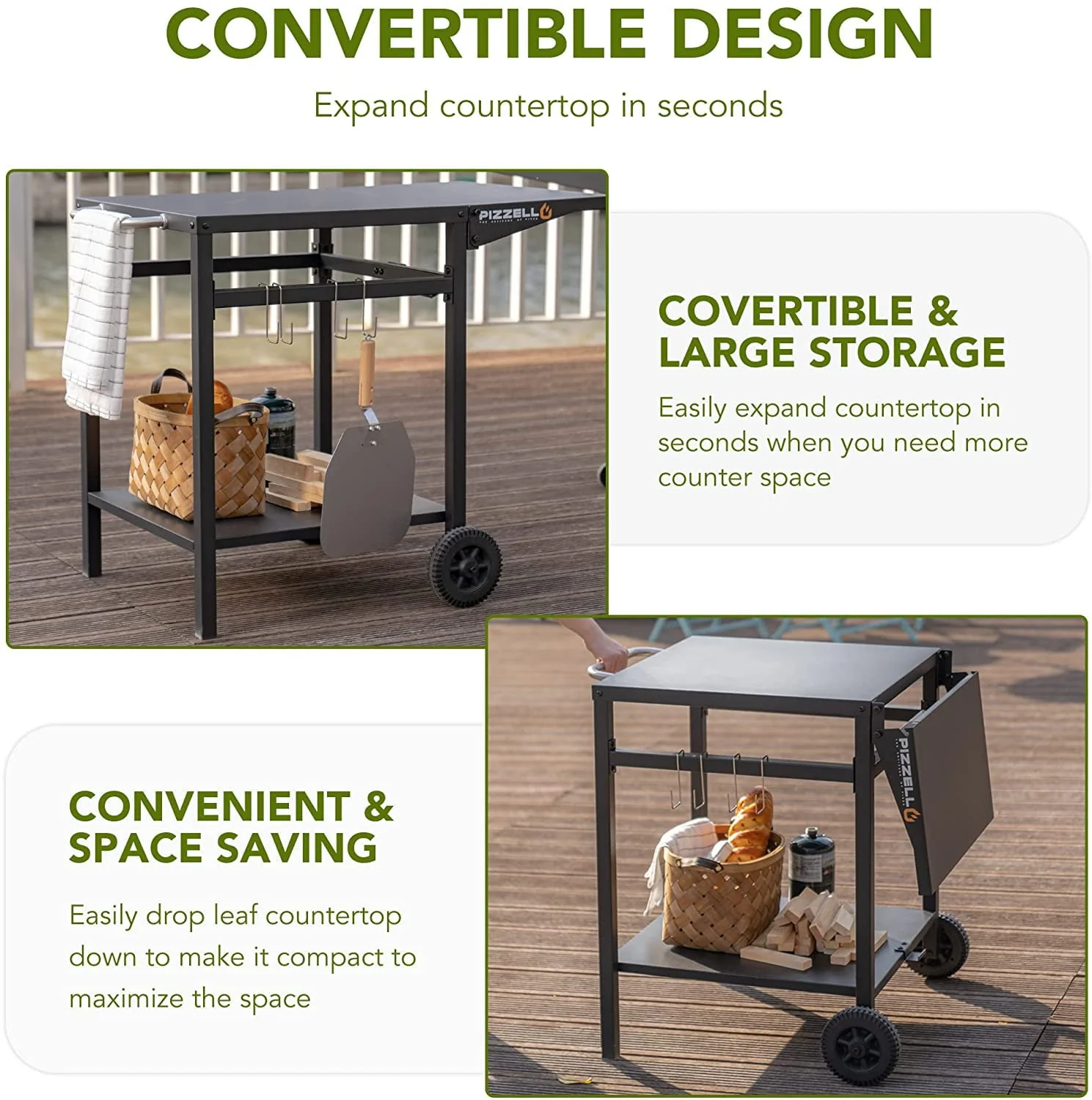 Pizzello Outdoor Grill Pizza Oven Food Prep Bbq Cart Stand Table with Storage Wheels Expandable Countertop, Black