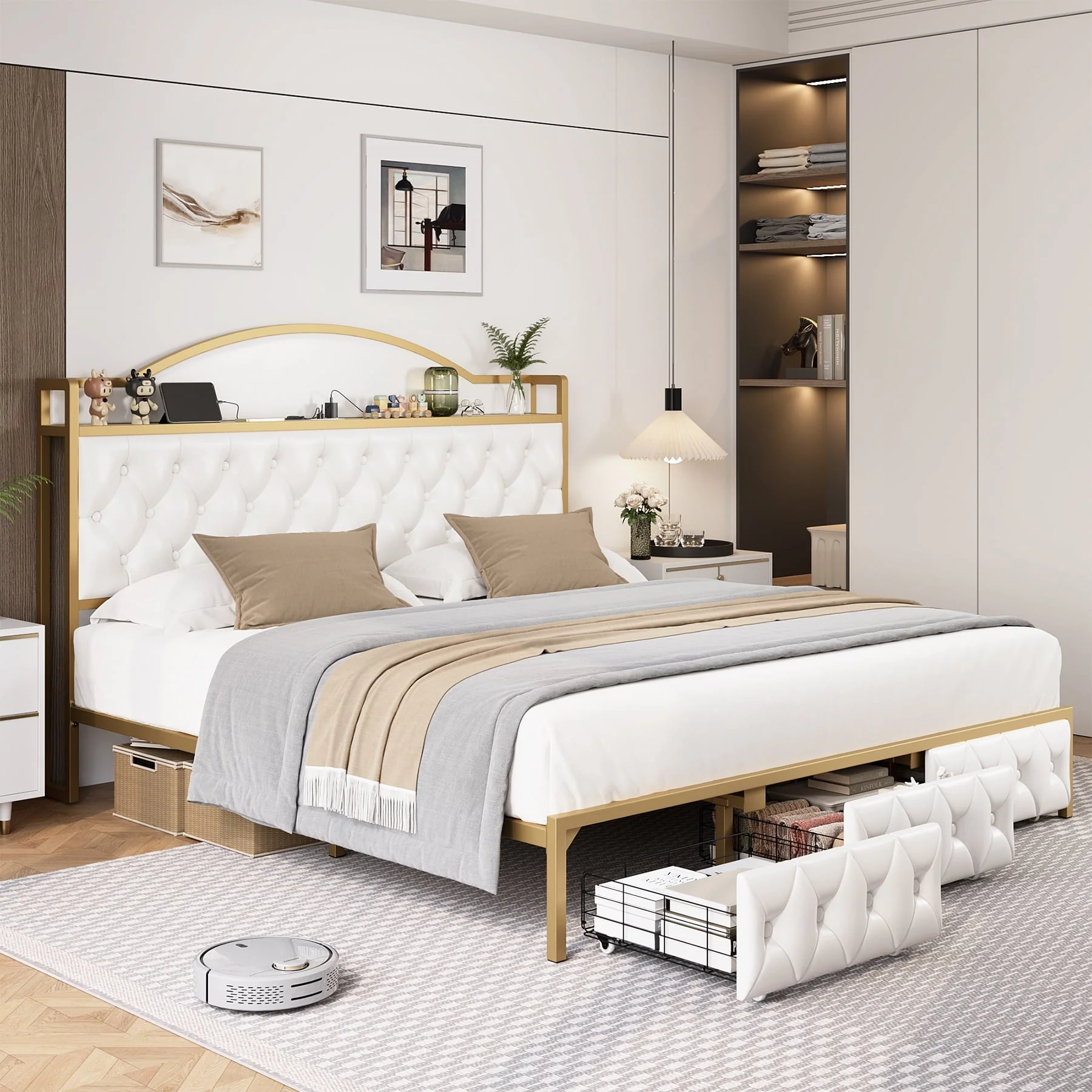 Homfa King Size Storage Bed with 3 Drawers, PU Leather Upholstered Bed with Shelving and Charging , White