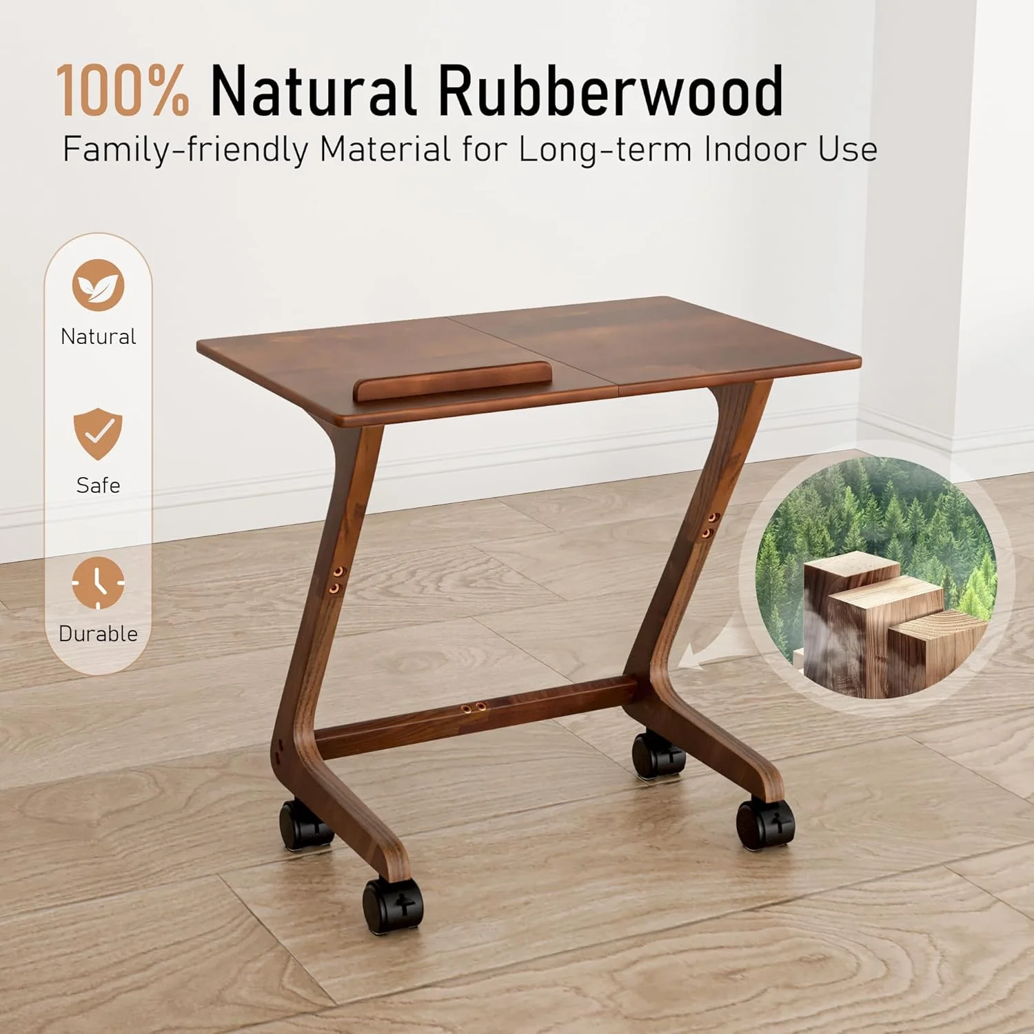 TV Tray Table, TV Dining Table with Casters for Small Spaces, Solid Wood End Table, Sofa Couch Side Table Removable Snack Tray for Coffee Bed Sofa Eating Writing Reading Living Room Bedroom