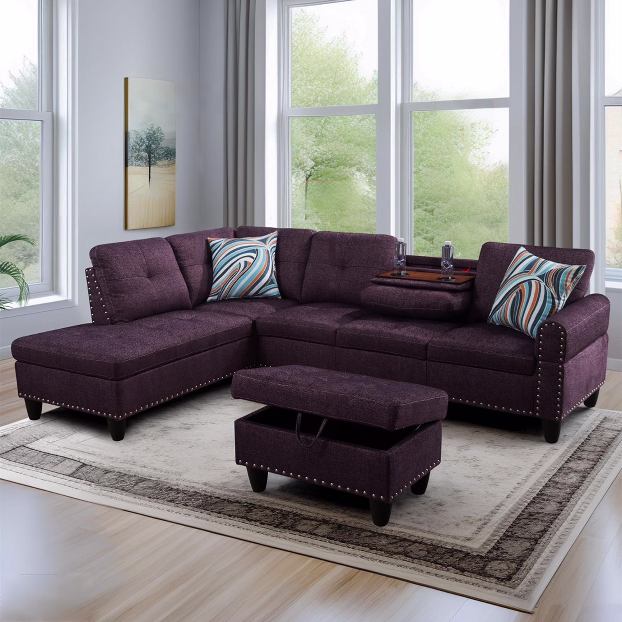 Aukfa 3 Piece Sectional Sofa, Living Room Couch with Storage Ottoman&Cup Holder, Linen, Left Hand, Black Gray