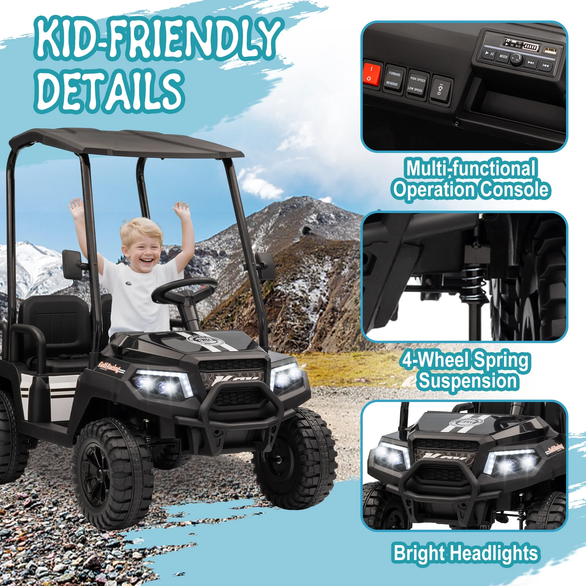 24V XL Kids Ride on Golf Cart, Electric Car w/Remote Control, Detachable Awning, 4 Seats, 3 Speeds, LED Lights, Spring Suspension, Bluetooth, Audio, Blue