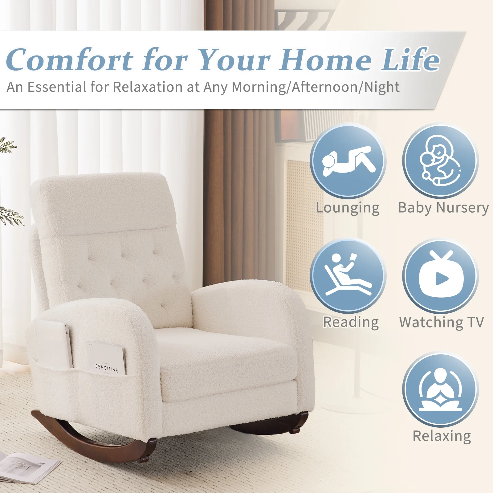 Ktaxon Rocking Accent Chair Glider Reading Chair Comfy Teddy Velvet Upholstered Single Sofa Rocker for Living Room, Nursery, Bedroom Beige