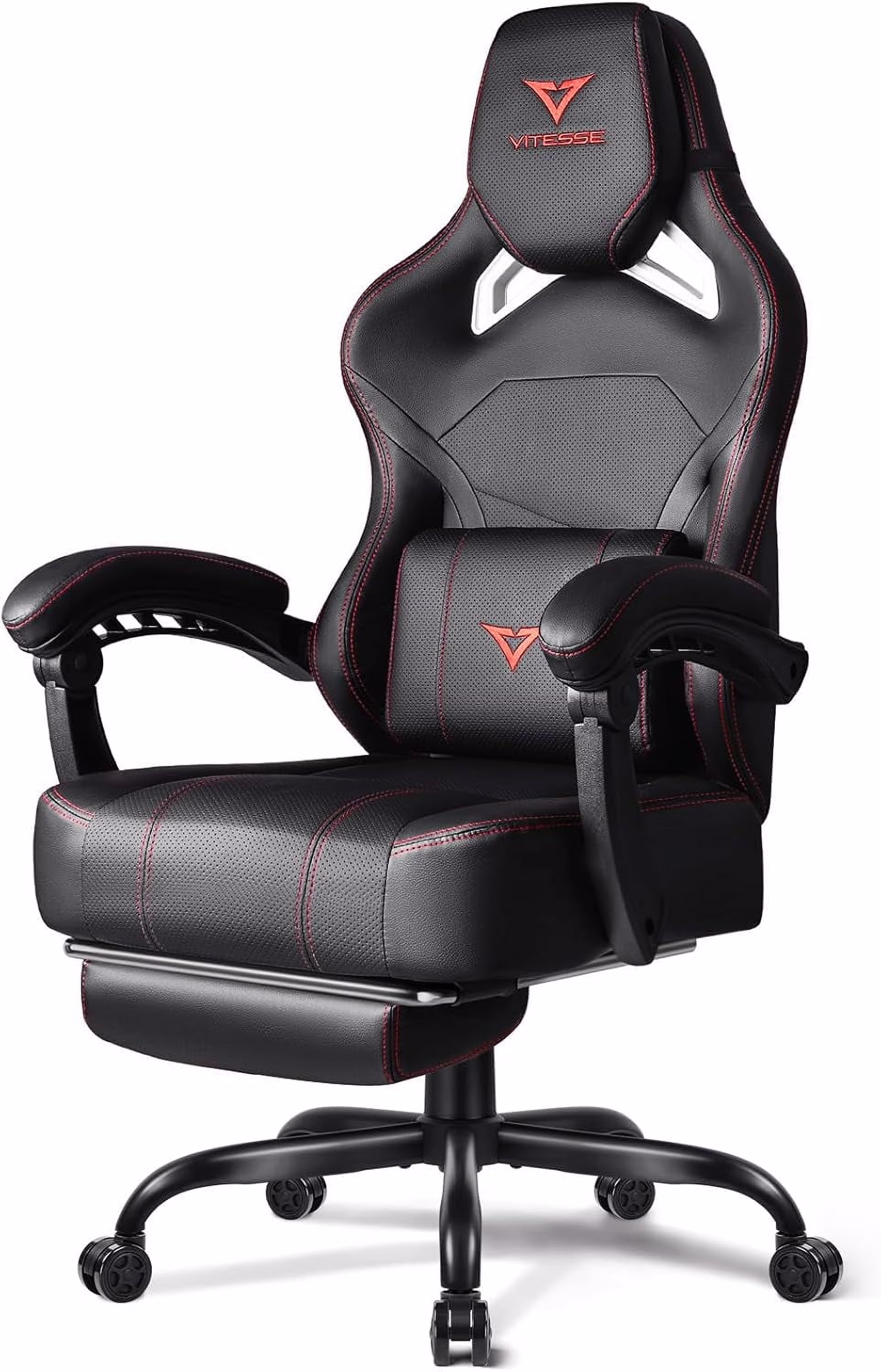 VITESSE Big and Tall Gaming Chair 400lb Weight Capacity with Footrest, Ergonomic Video Game Chair for Adults with Oversized Headrest and Lumbar Pillow, Computer Chair Gaming for Office (Black+Red)