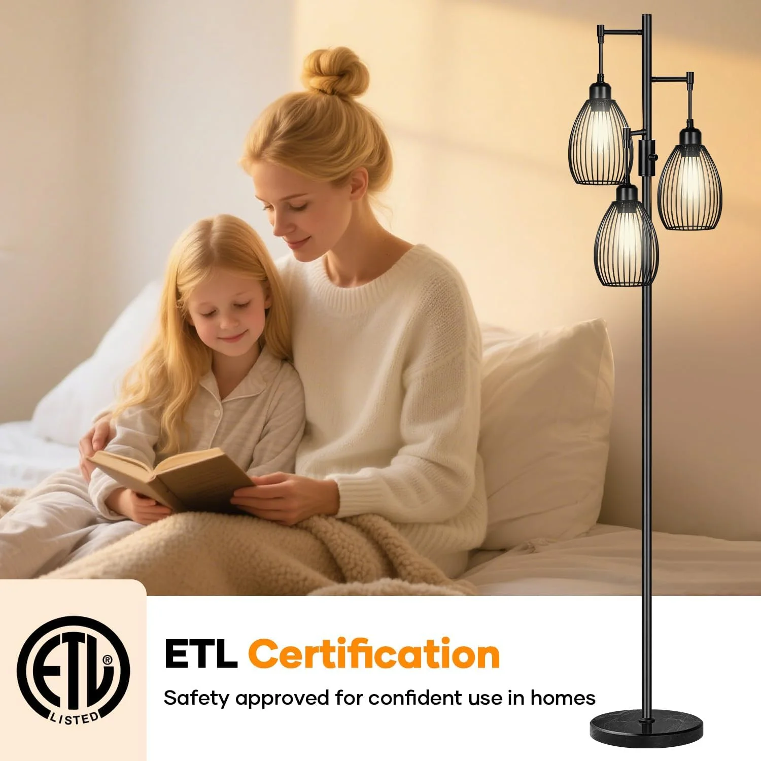 Dimmable Floor Lamp, 3 x 800LM LED Edison Bulbs Included, Farmhouse Industrial Floor Lamp Standing Tree Lamp with Elegant Teardrop Cage Tall Lamps for Living Room Bedroom Office Dining Room