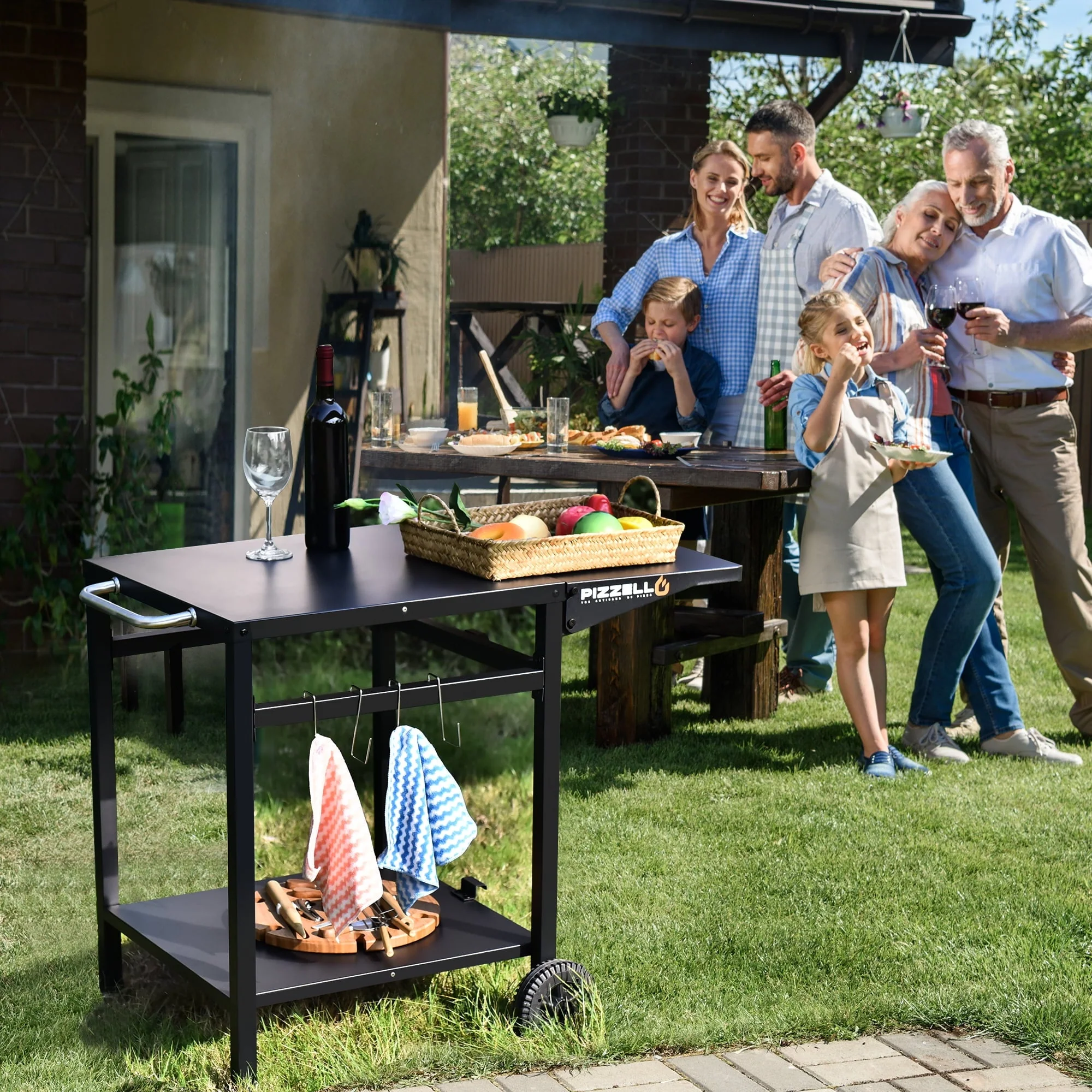Pizzello Outdoor Grill Pizza Oven Food Prep Bbq Cart Stand Table with Storage Wheels Expandable Countertop, Black