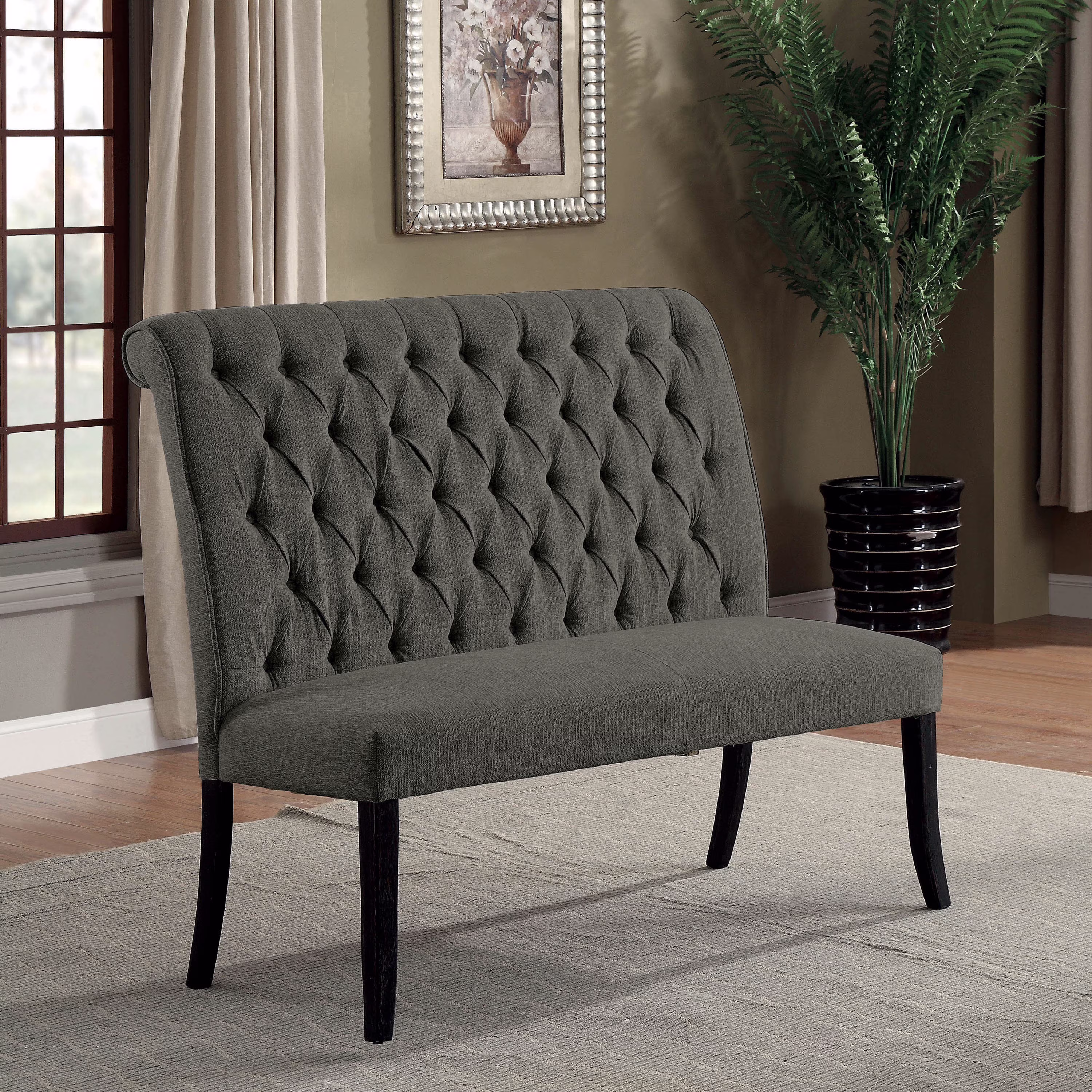 Furniture of America Verona Fabric and Wood Transitional 2-Seater Dining Bench with Tufted, Gray