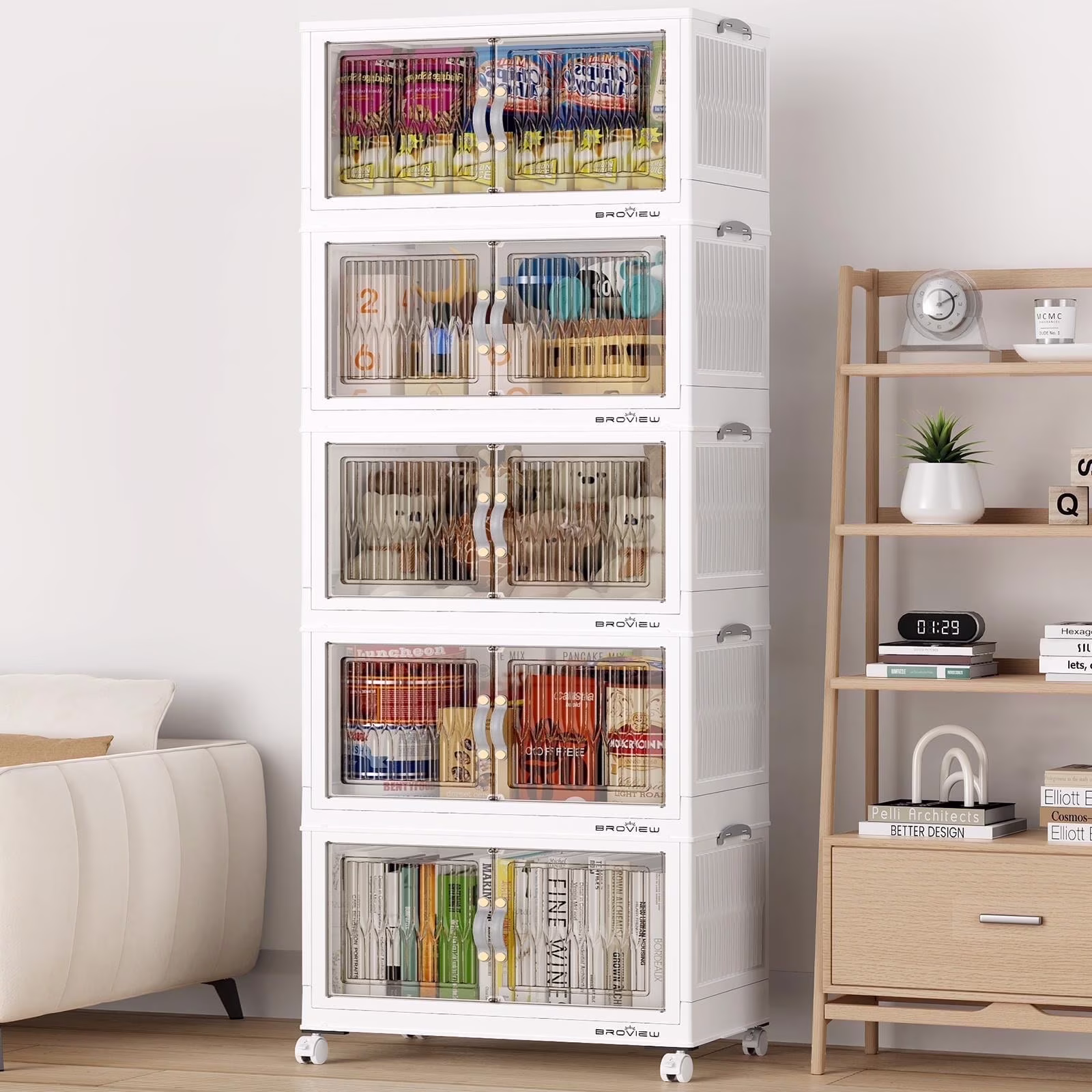 BROVIEW 100Gal Large Storage Bins with Lid, 400Qt Plastic Stackable Closet Organizer and Storage, Collapsible Storage Box with Wheels, Folding Storage Cabinet Containers for Home Office, 5Pack White