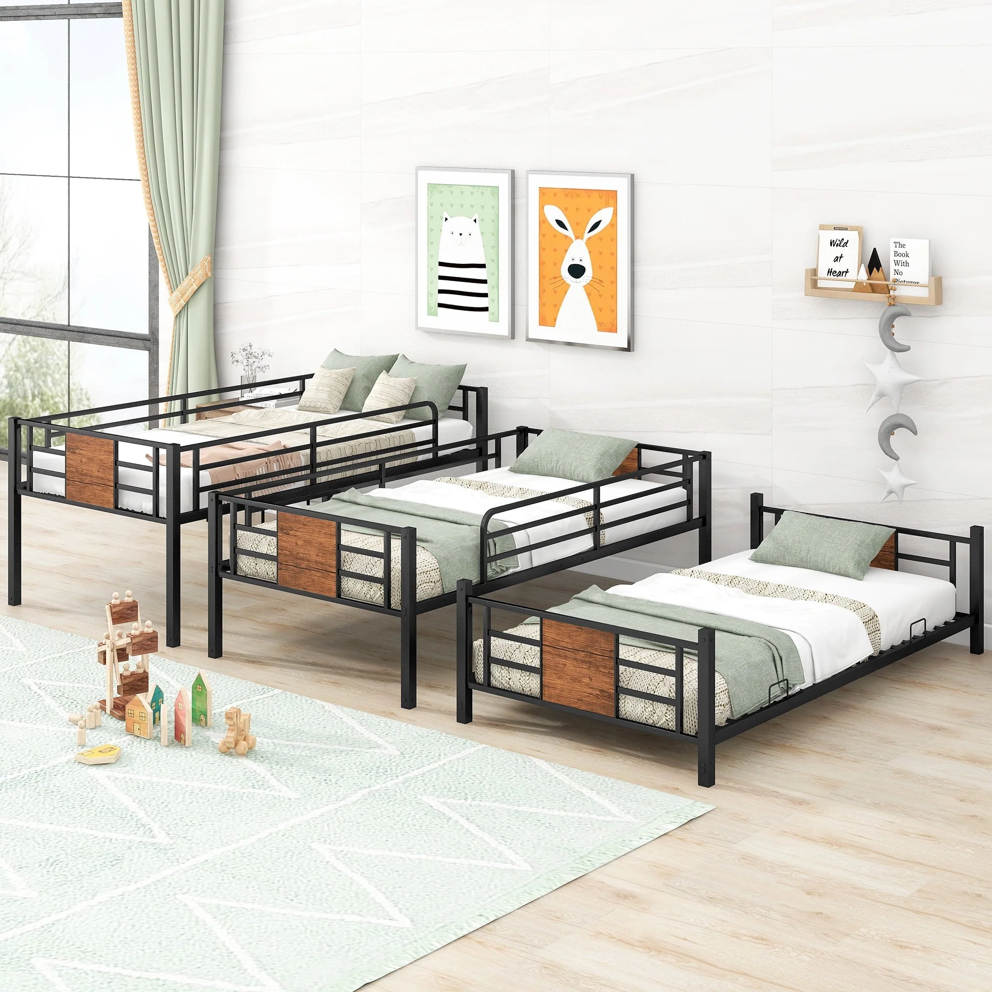 Euroco Metal Twin over Twin over Twin Bunk Bed, Triple Bed for Kids Room, Brown