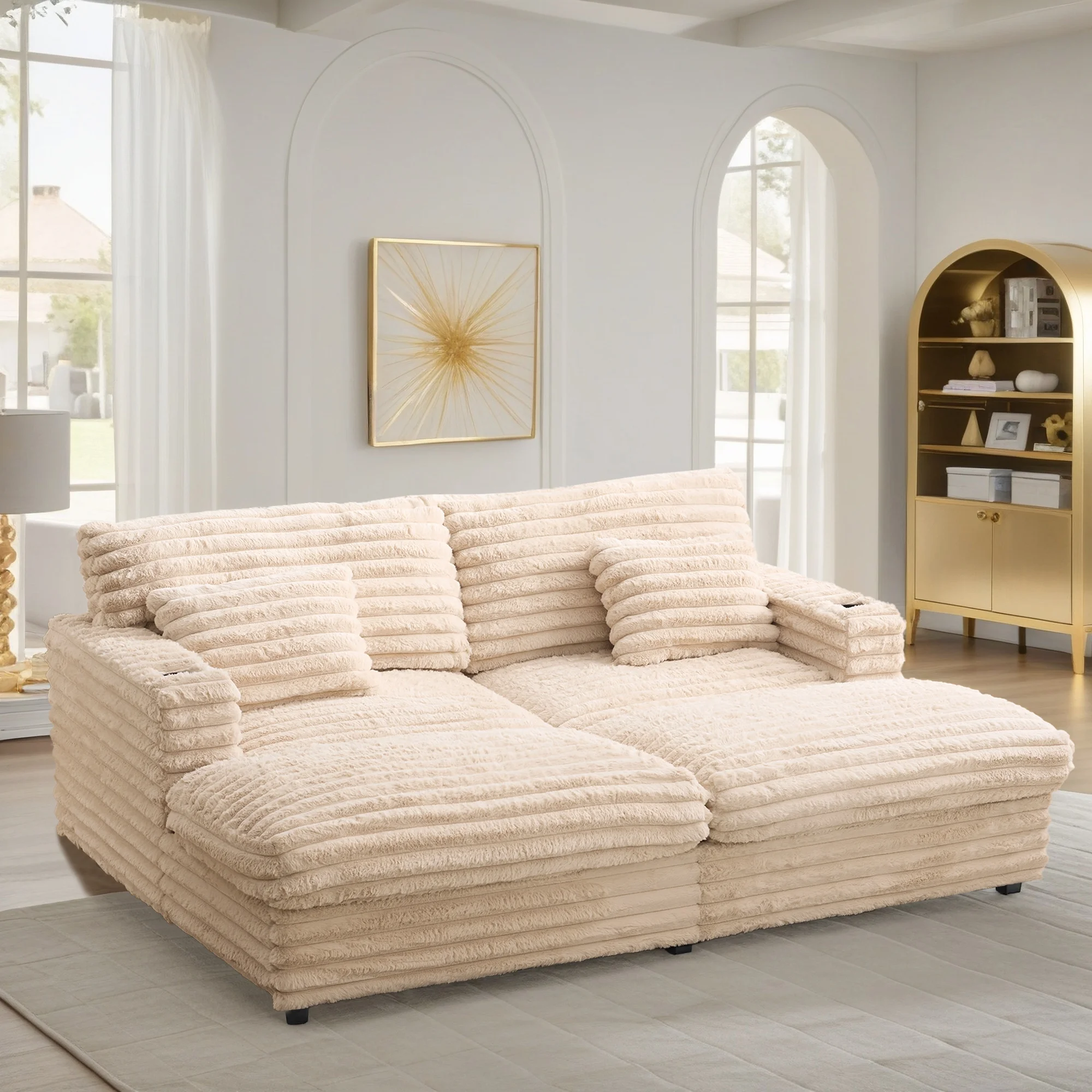 Oversized Double Chaise Lounge, Faux Fur Upholstered Deep Seat Sofa with 2 Pillows, 2 Cupholders, and Dual USB Ports