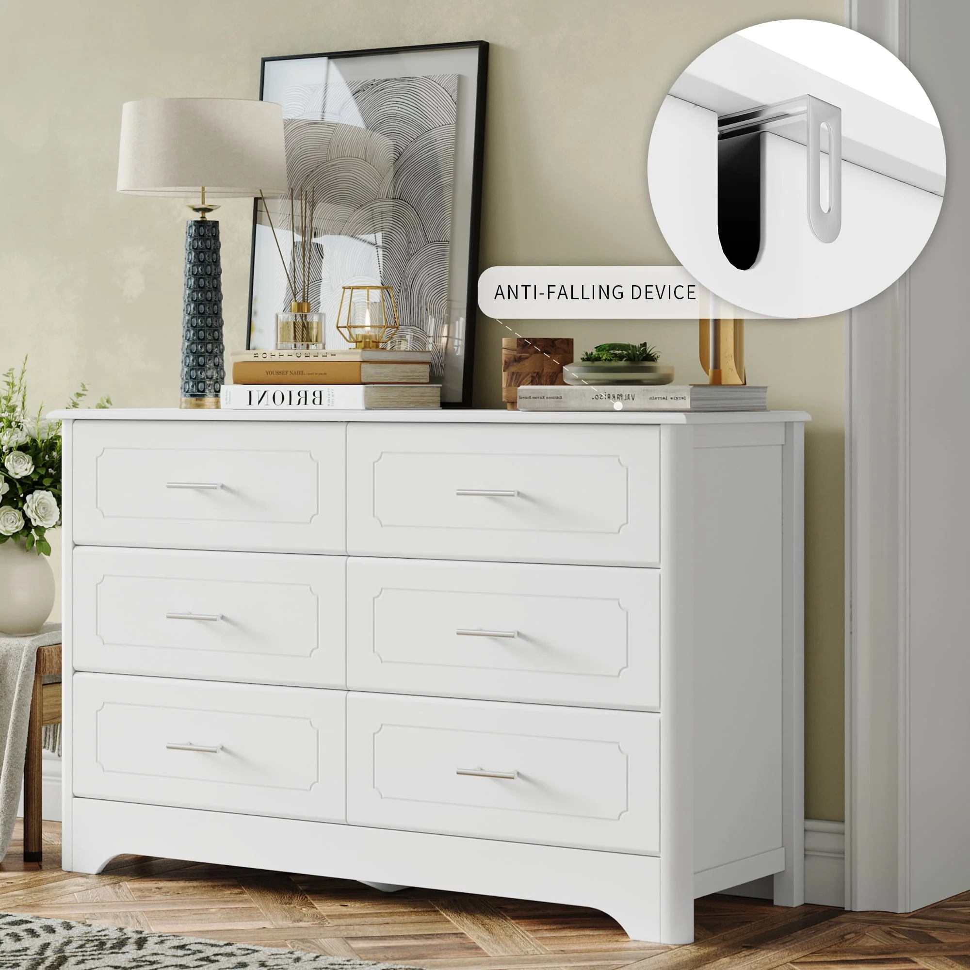 Homfa Double Dresser with 6 Drawer, White Horizontal Dresser Chest for Bedroom