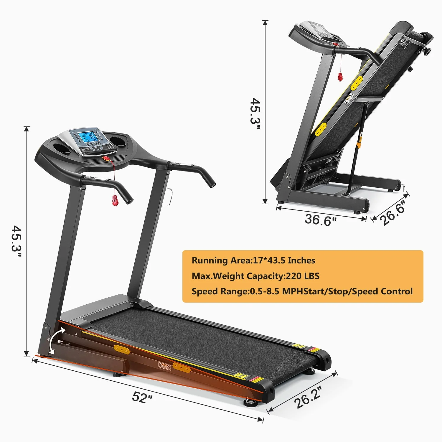 MaxKare 2.5 HP Folding Treadmill 12% Auto Incline, Max 8.5 MPH Speed, 220lbs Weight Capacity, 15 Preset Programs, Home Office Use