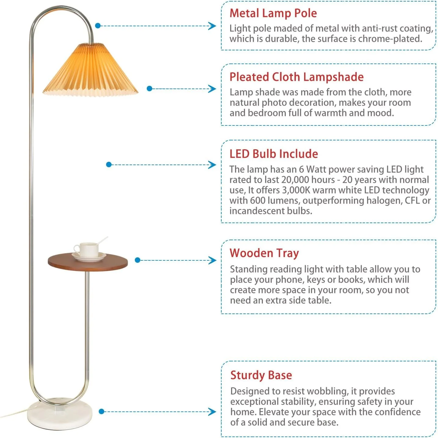 Modern Elegant with Tray Floor Lamp for Office Cafe Den Living Room Bedroom, Foot Switch and Brass/Gold Finish,Light Yellow Pleated Cloth Lampshade