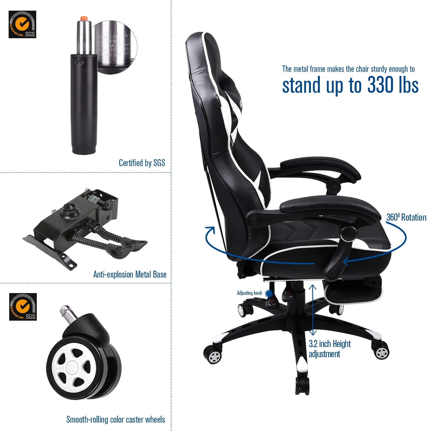 Elecwish Adjustable & Ergonomic Swivel Gaming Chair, White