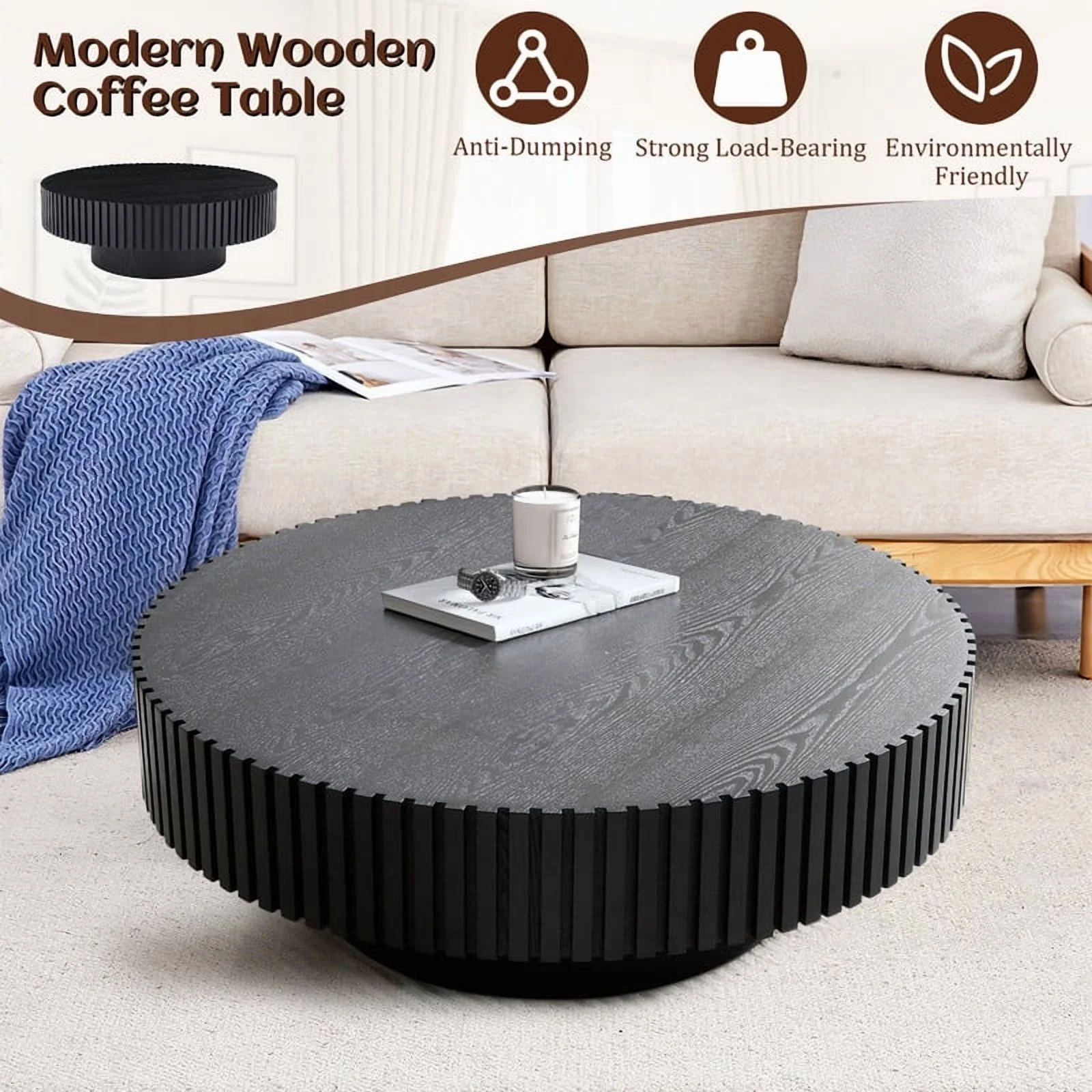 FFH 43.7 inch Oval Coffee Table for Living Room,Handcraft Rustic Corner Coffee Table Nature Wood Relief Sturdy Pedestal for Apartmen,Side Table Centre Table,Nature Wood