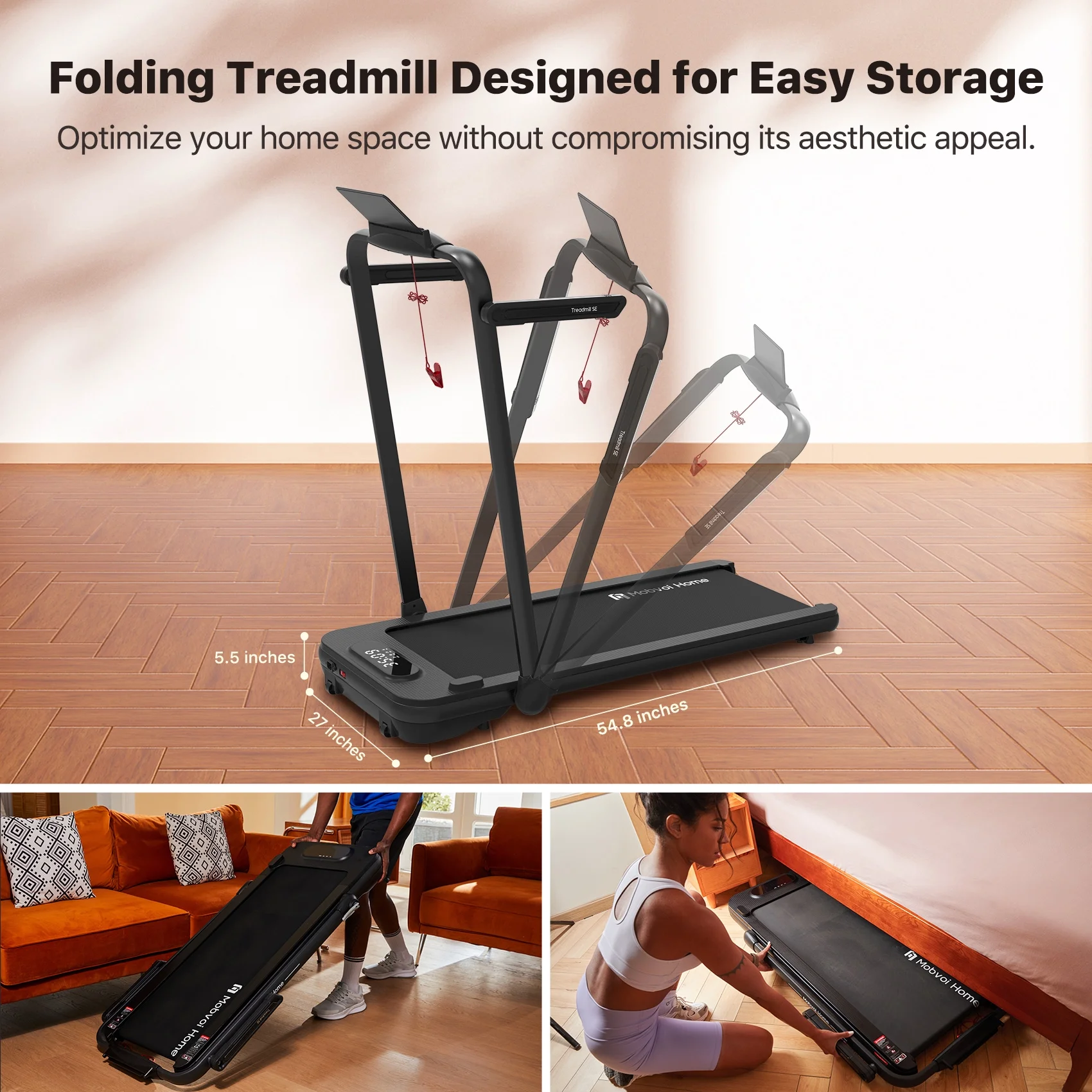 Mobvoi Home Treadmill SE 3 in 1 Folding Treadmill Walking Pad 2.5 HP Compact Portable Under Desk Running Walking Machine with Remote Control 265 LBS, Black