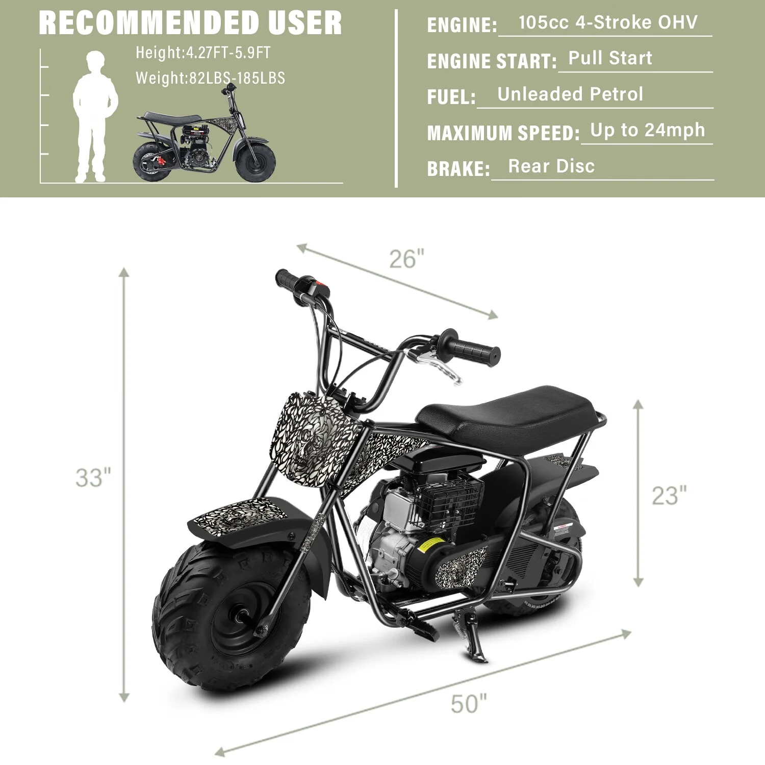 Oryxearth Mini Gas Bike, 105cc 4-Stroke Dirt Off Road Trail, 24mph, Weight Support 165 LBS, Red