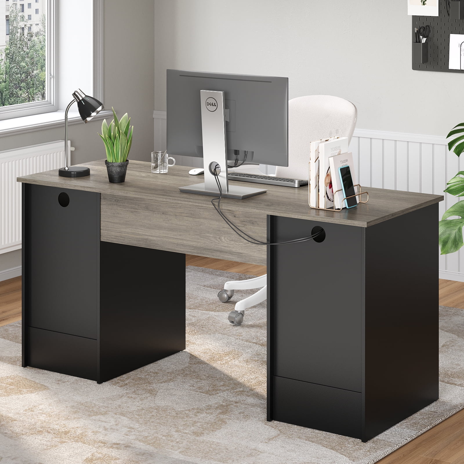 Bestier 59�� Computer Desk with 4 Drawers, Office Executive Desk with File Drawer, Keyboard Tray for Home Office, Gray