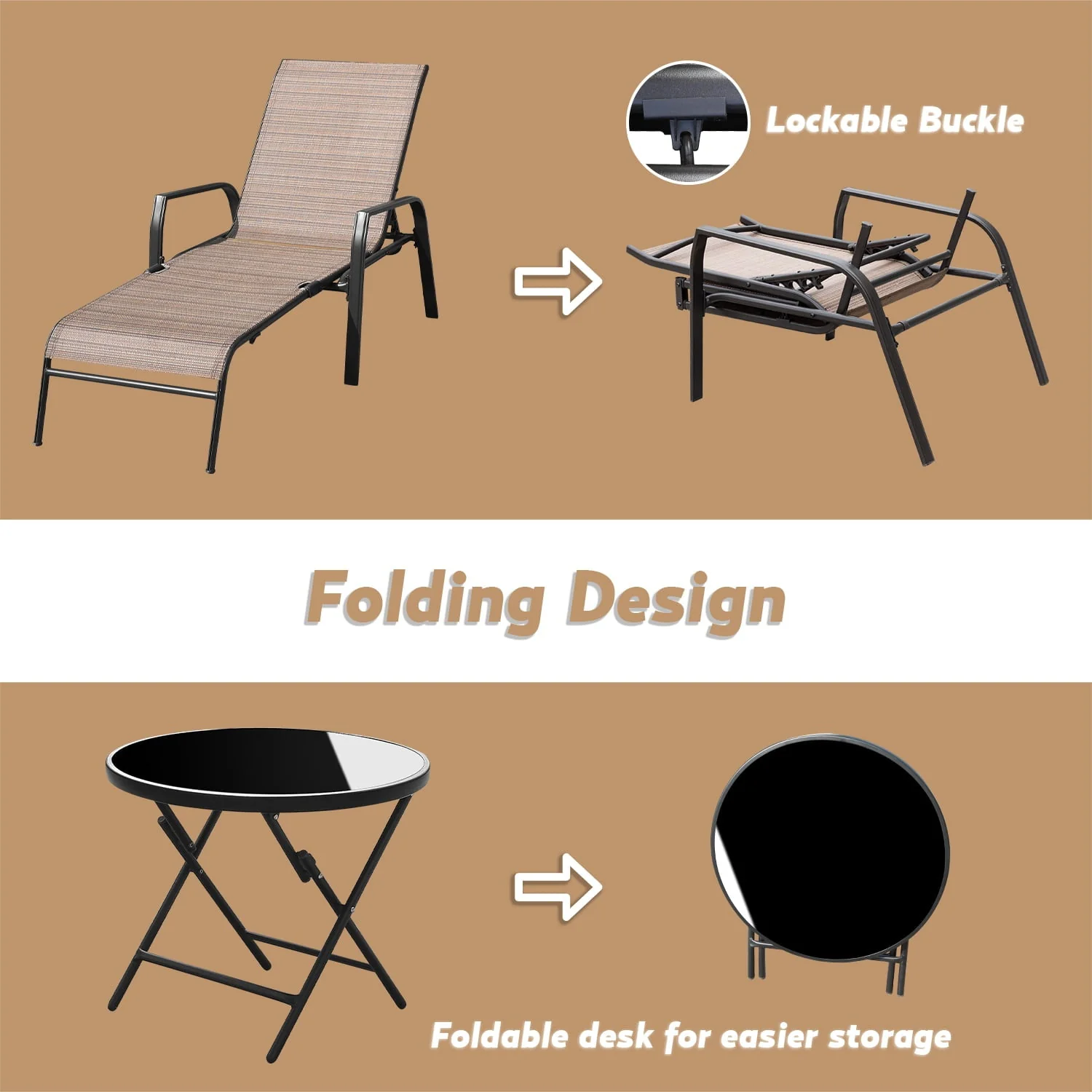 Devoko 3 Pcs Outdoor Chaise Lounge Steel Chair Sets Adjustable Backrest with Tempered Glass, Beige