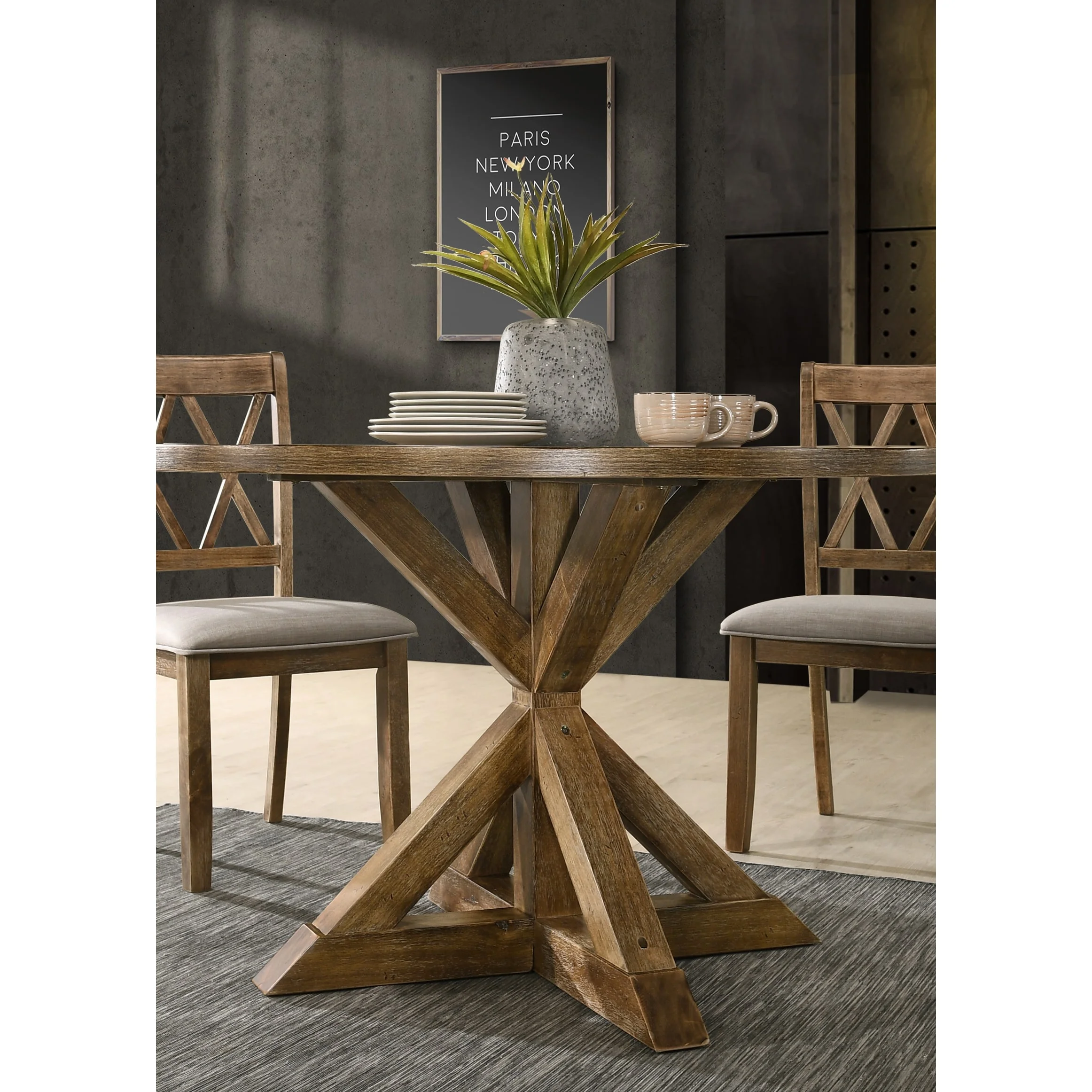 Roundhill Furniture Windvale 5-Piece Dining Set, Cross-Buck Round Table with 4 Stylish Chairs, Oak