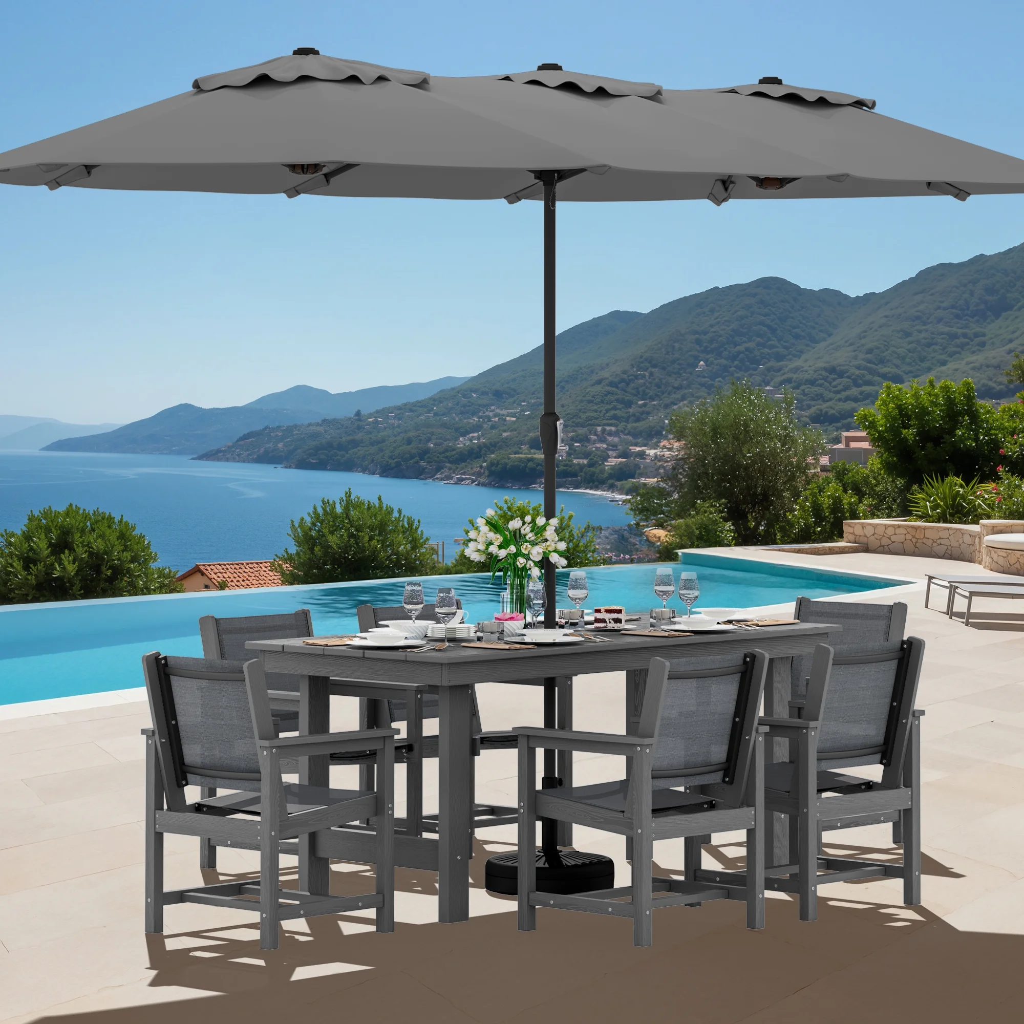 SERWALL Outdoor HDPE Dining Table Set, 7-Piece Outdoor Dining Table Sets with Umbrella Hole, Grey
