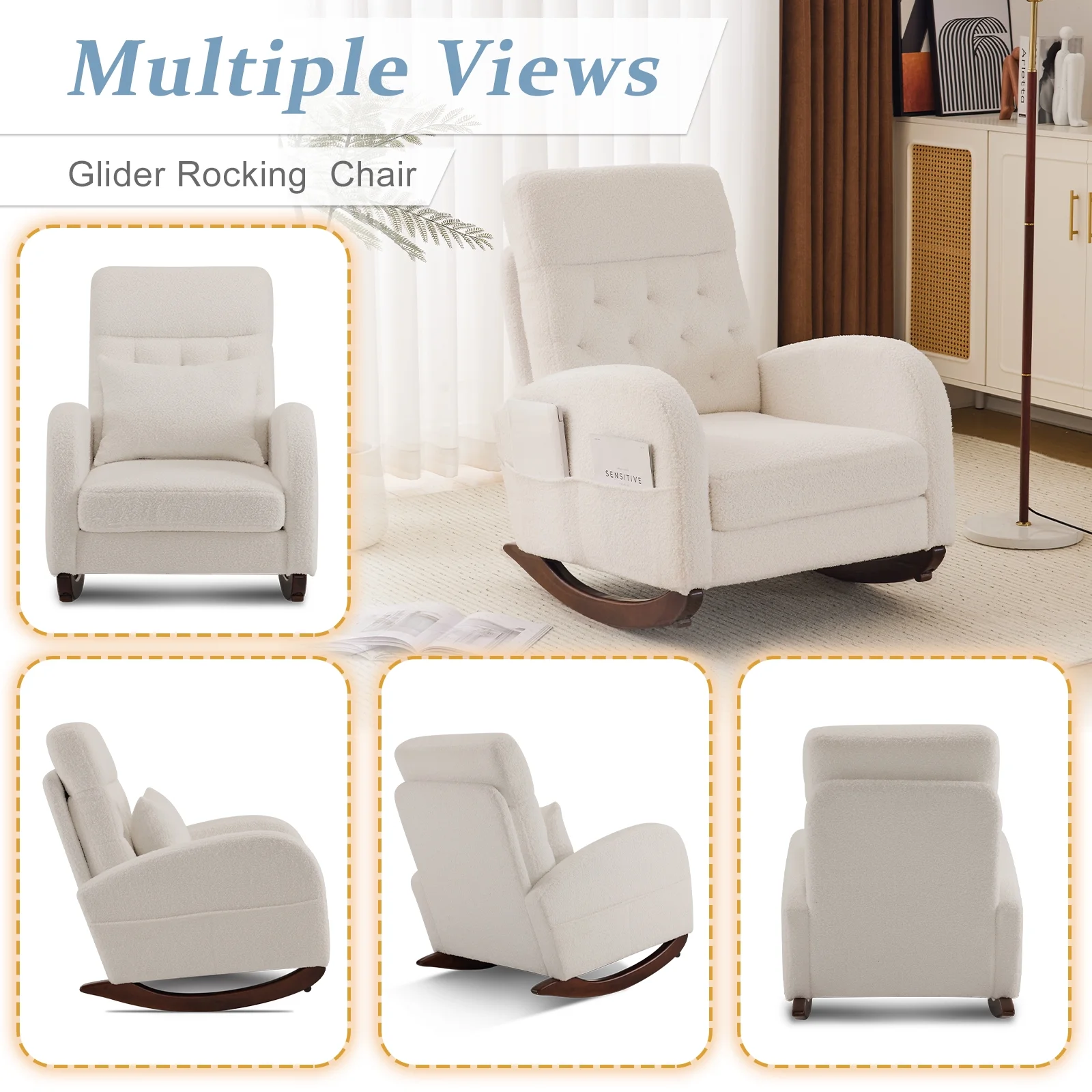 Ktaxon Rocking Accent Chair Glider Reading Chair Comfy Teddy Velvet Upholstered Single Sofa Rocker for Living Room, Nursery, Bedroom Beige