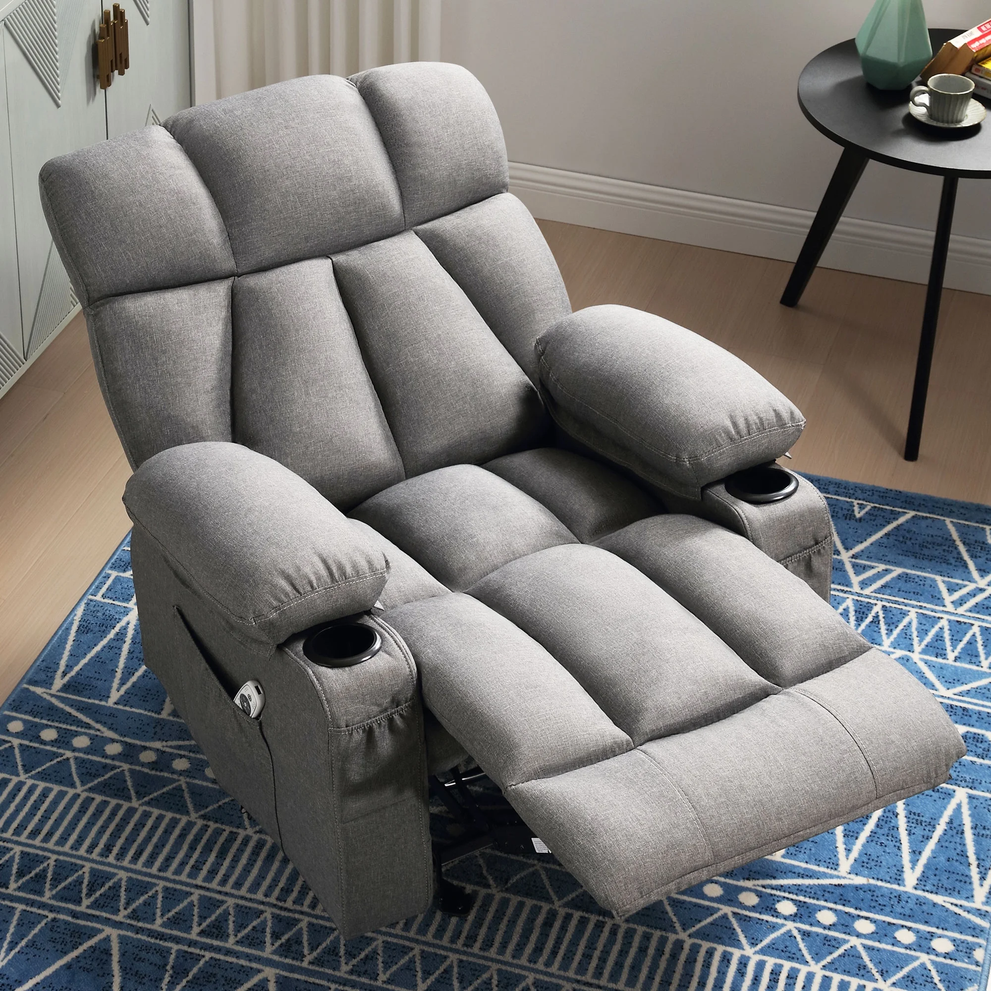 JONPONY Manual Recliner Chair with Heat Therapy and Massage Function, Heavy Duty Reclining Mechanism Massage Chair, Elderly Single Rocker Sofa with Cup Holders for Bedroom Home Theater,Grey