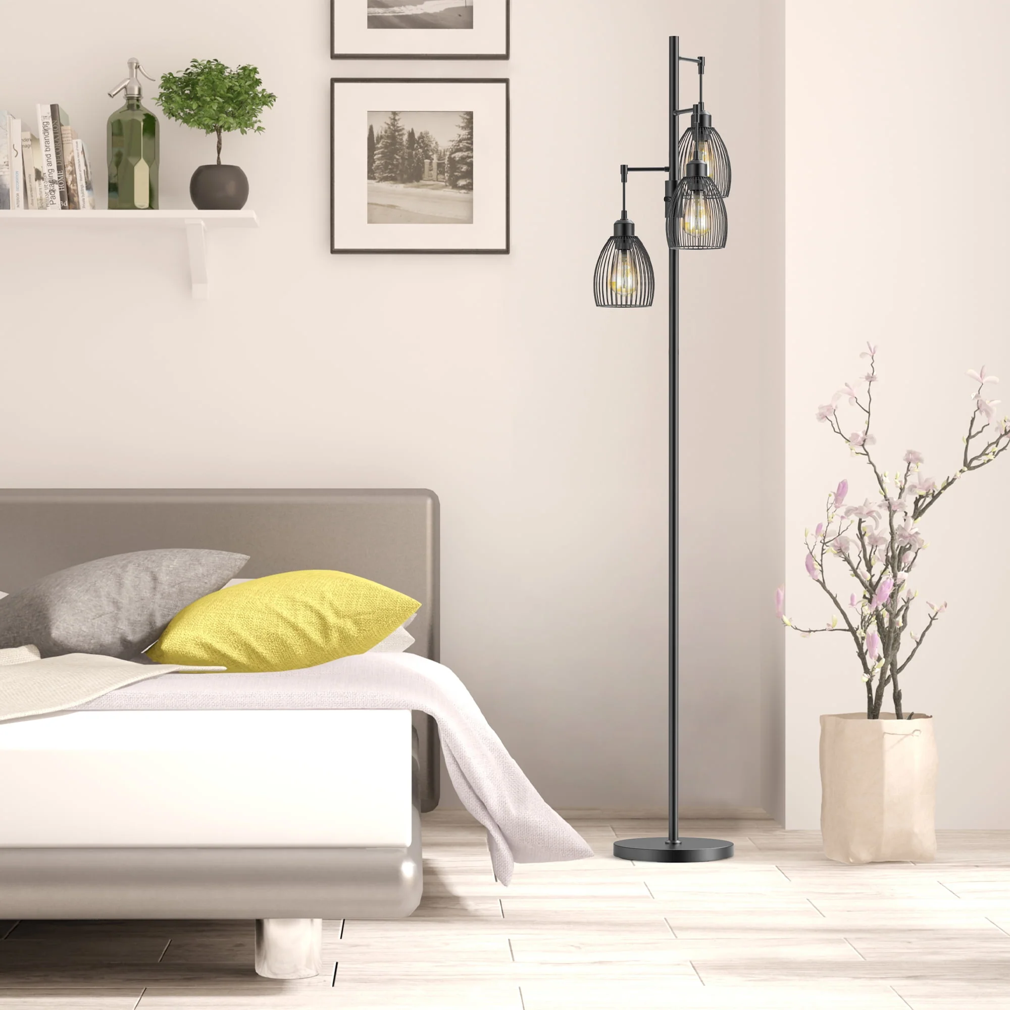 PAZZO 69 inch Three Head LED Metal Industrial Floor Lamp, Bright & Durable, with 3 Stepless Dimmable Bulb Included, Black