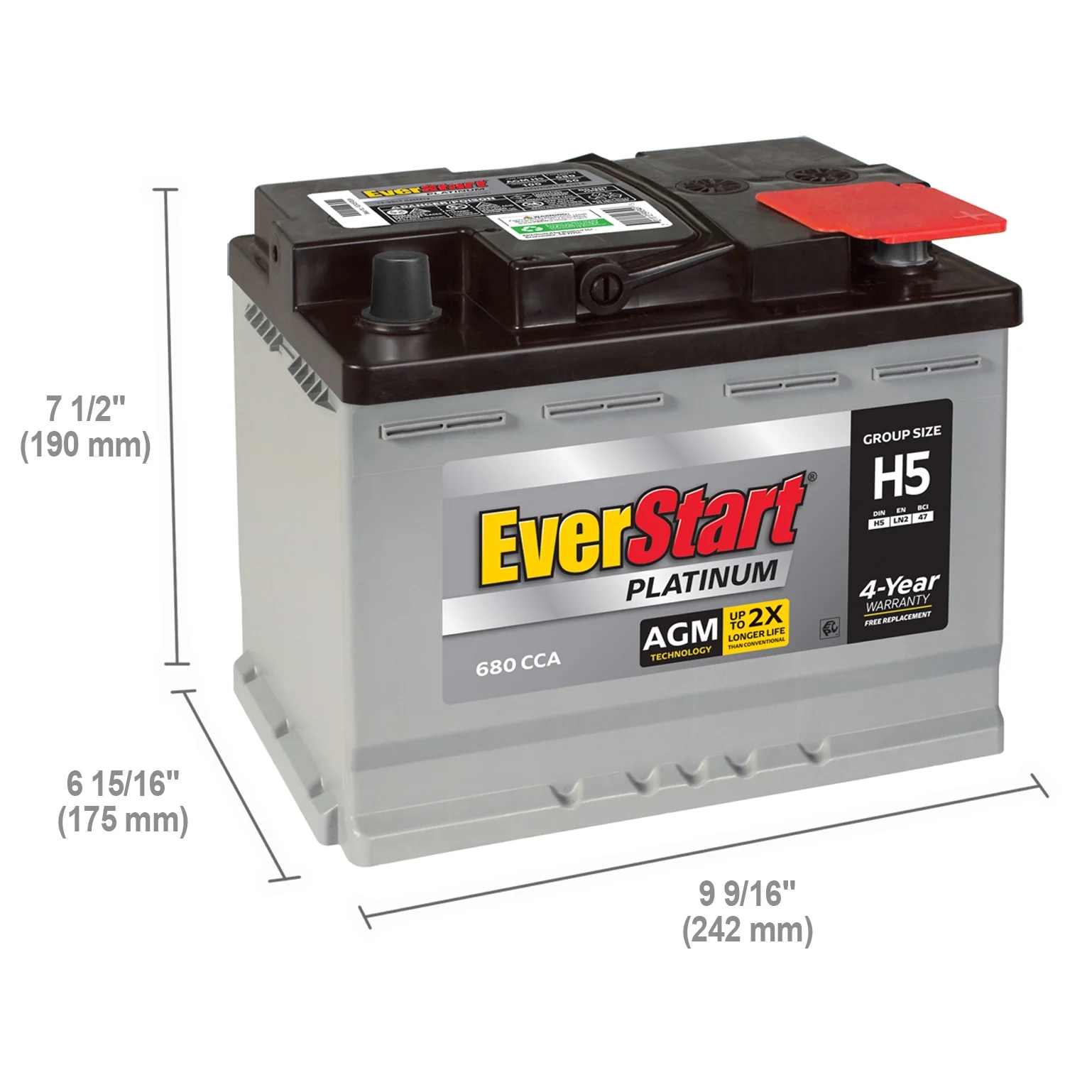 EverStart Platinum AGM Automotive Battery, Group Size H5 / LN2 / 47 12 Volt, 680 CCA 105RC