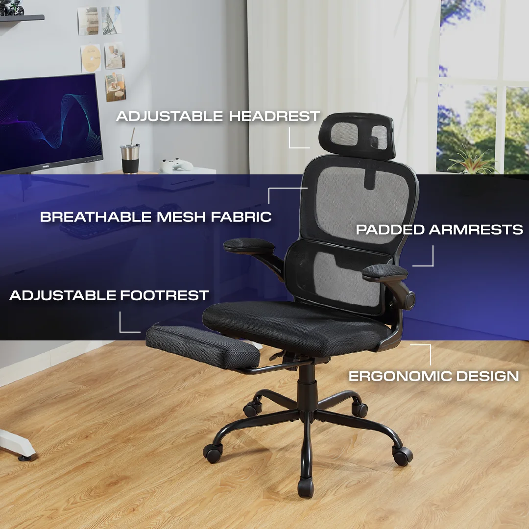 Mainstays Ergonomic Height Adjustable Mesh Office Chair for Teens and Adults with Lumbar Support and Tilt Function, with Leg Rest, Black