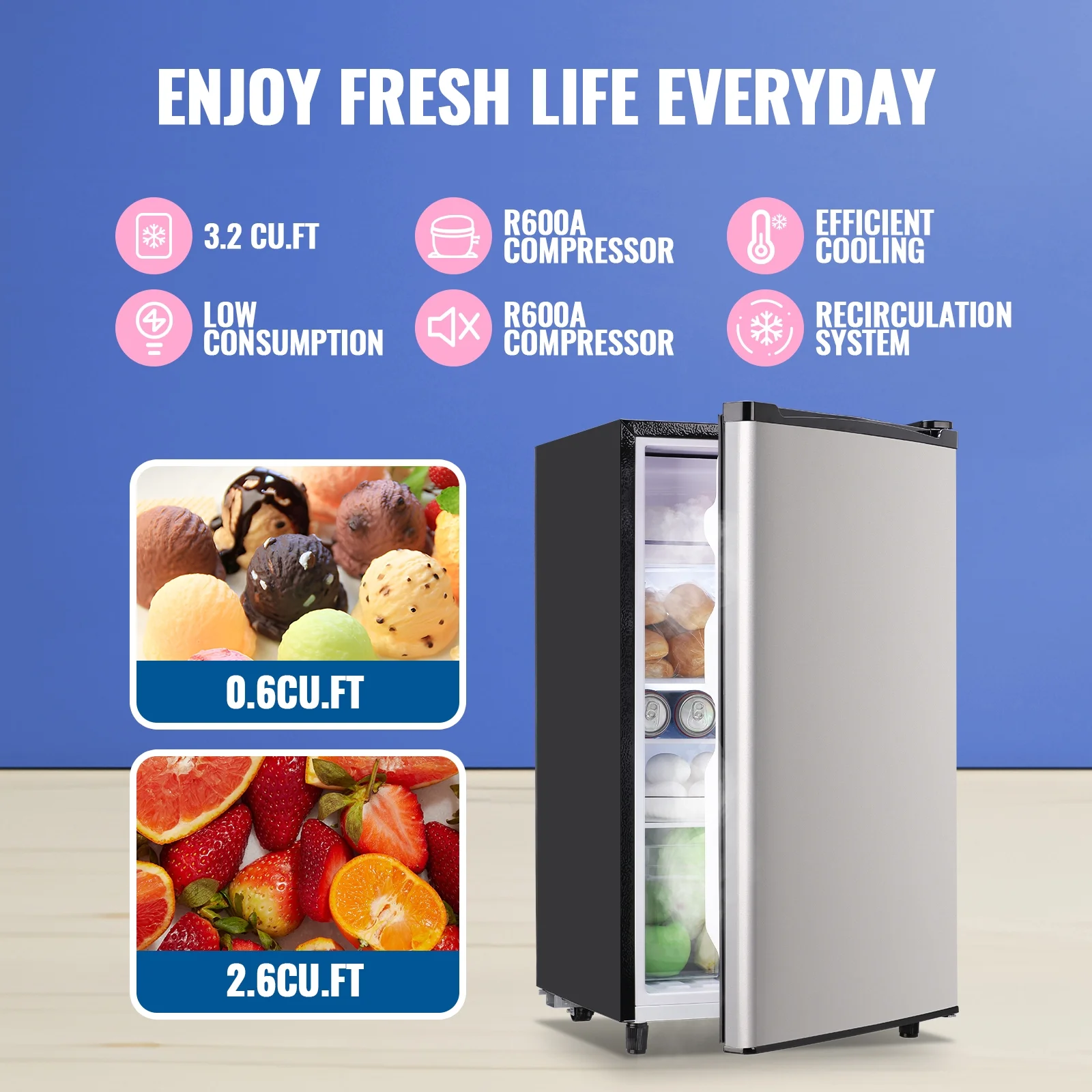 WANAI 3.2 Cu.ft Mini Refrigerator with 5 Temp Control Small Fridge Compact Size for Any Room Silver