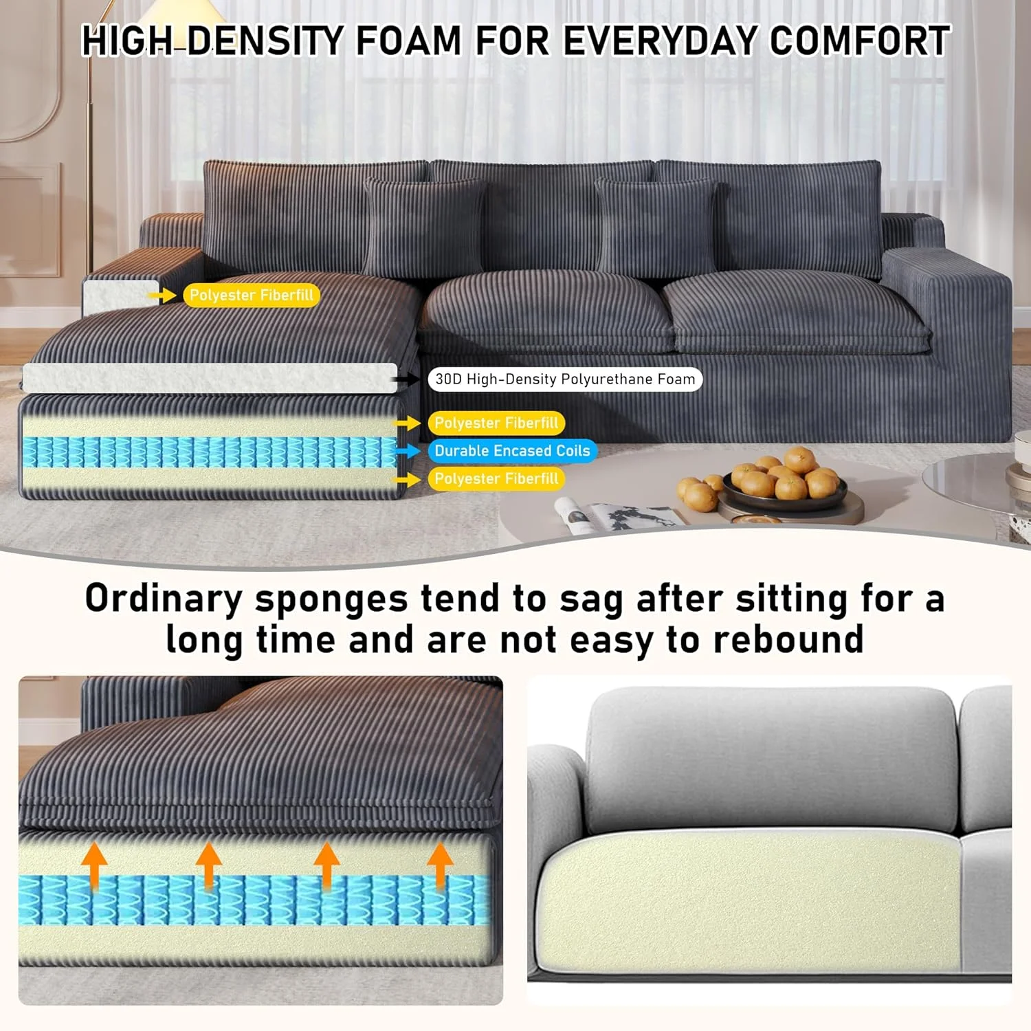 108�� Modular Sectional Sofa, Cloud Sectional Couch with Deep Seat, Modern Modular L-Shape Sofa Couch with Chaise,Upholstered Couches for Living Room Bedroom