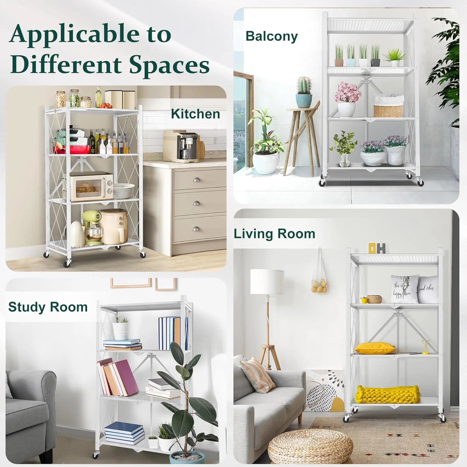 Foldable 4-Tier Storage Shelves with Wheels, No Assembly Bookshelf, Heavy Duty Kitchen Racks and Shelves, Rolling Microwave Cart, White