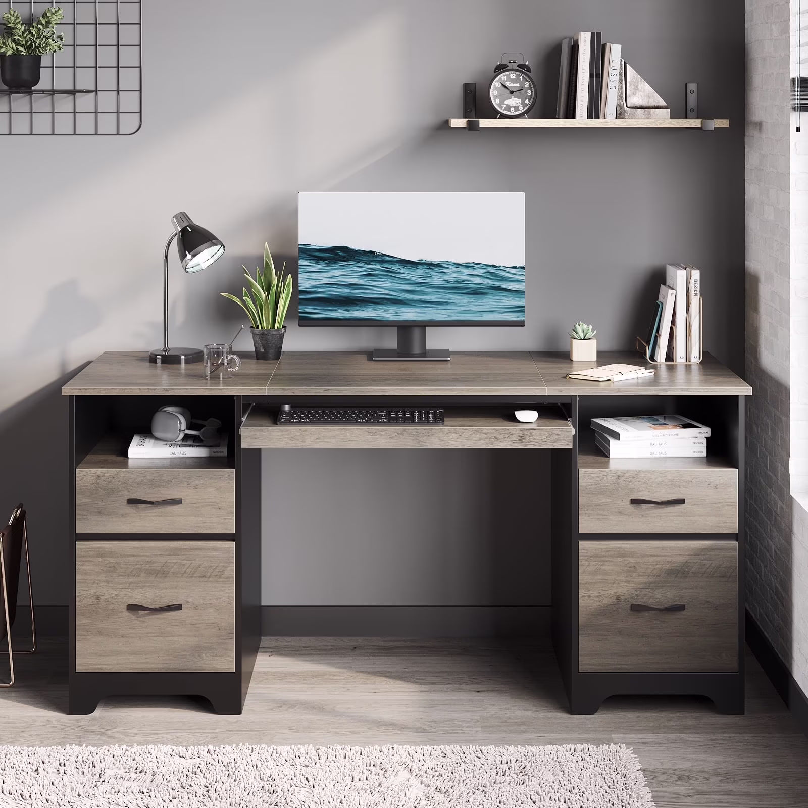 Bestier 59�� Computer Desk with 4 Drawers, Office Executive Desk with File Drawer, Keyboard Tray for Home Office, Gray