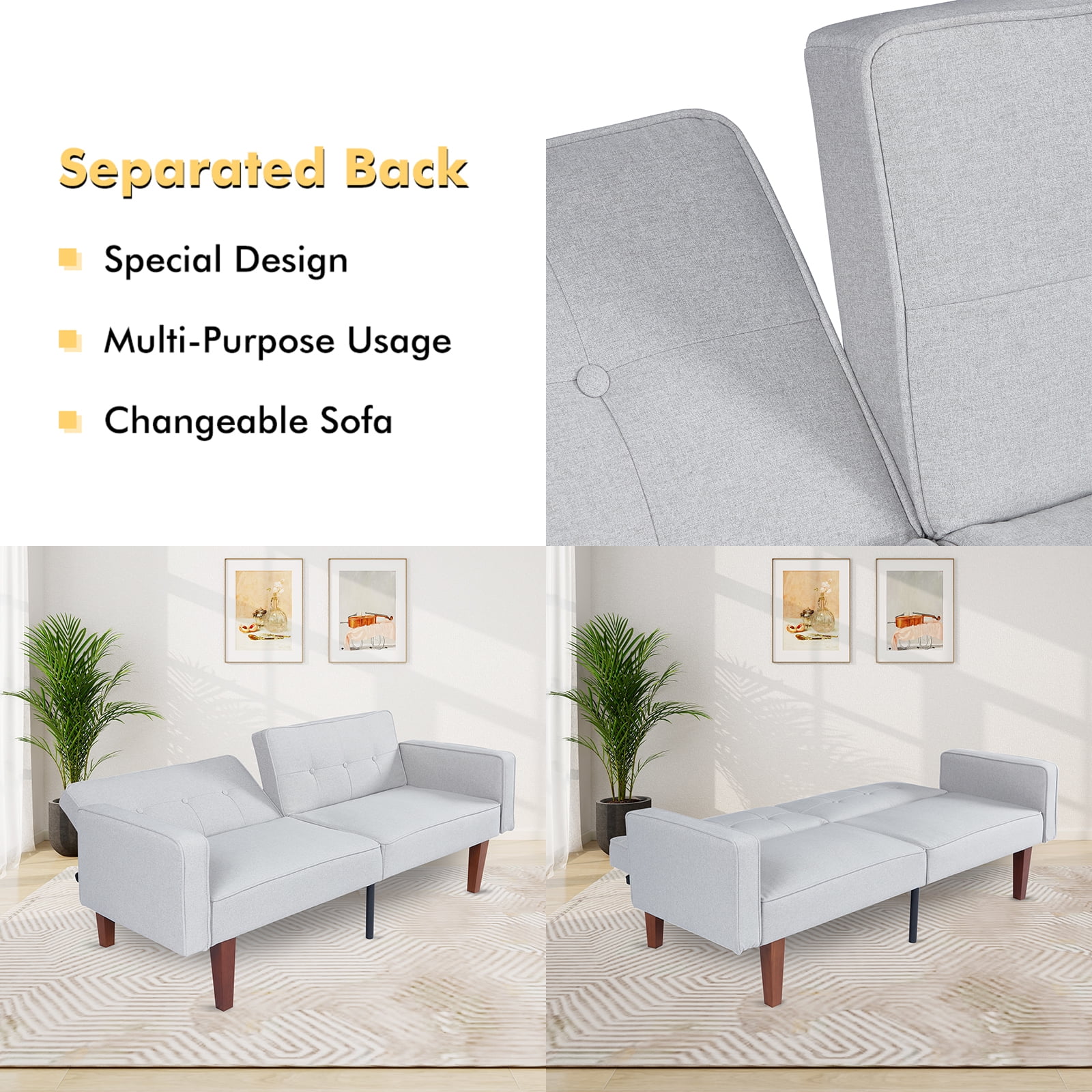 Sofa Bed, Convertible Memory Foam Futon Couch, Adjustable Sleeper Sofa Bed for Living Room, Gray