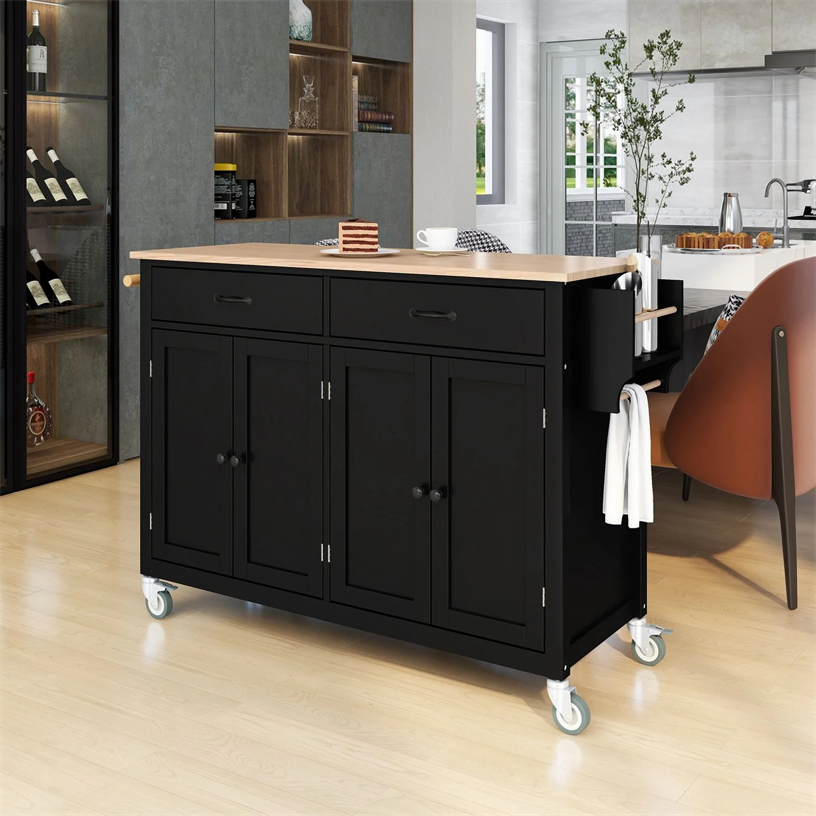 Kitchen Storage Islands&Carts with Solid Wood Top and Locking Wheels, Kitchen Island Cart with 4 Door Cabinet and Two Drawers, Kitchen Cabinets for Kitchen and Dining Room, Green