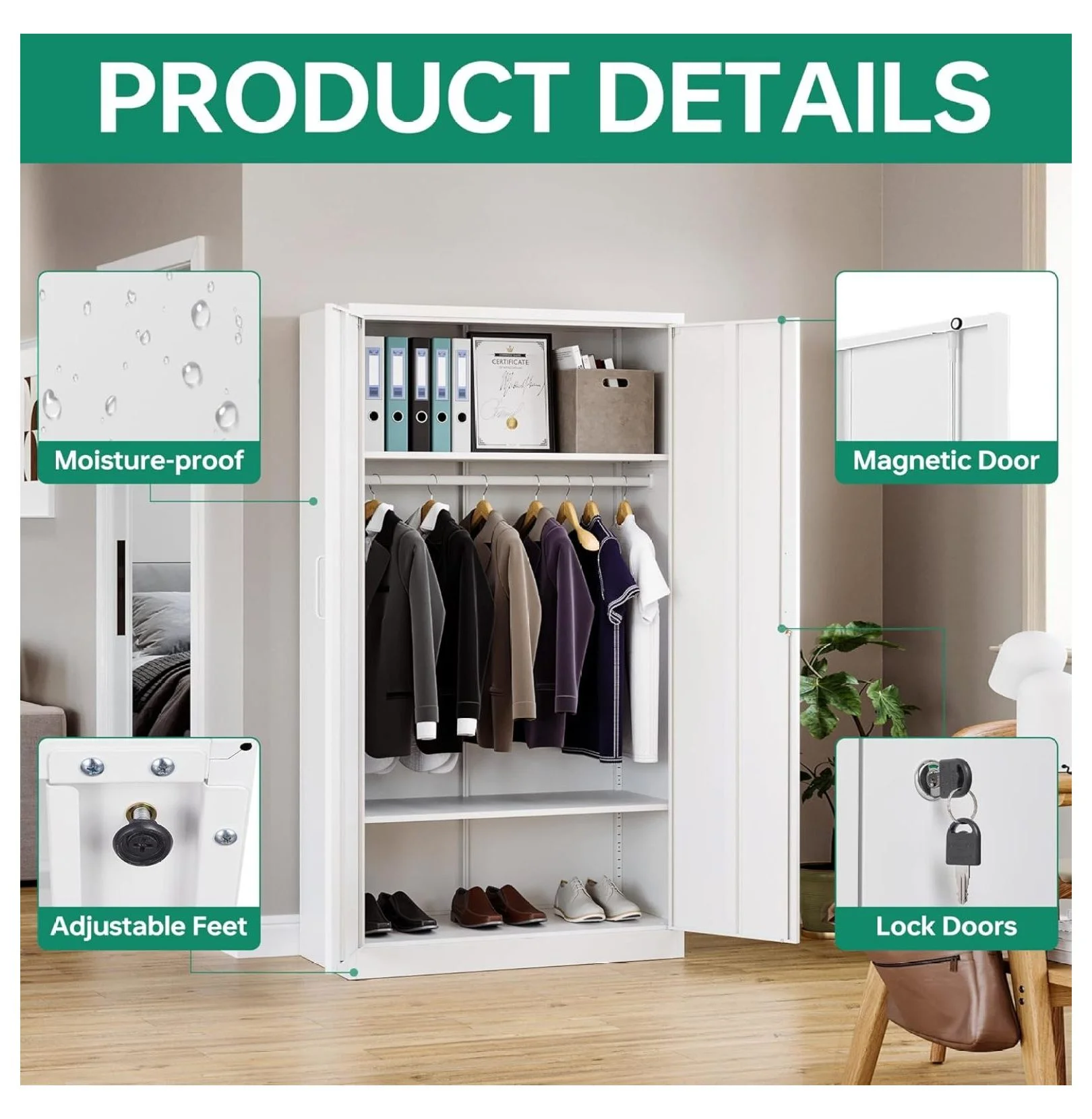 KriKac Metal Storage Cabinets with Lock Doors,Tall Locker Organizer Steel Garage Cabinets, 5 Adjustable Layers Shelves for Home, Office, Warehouse,Tool,Industrial(Black)