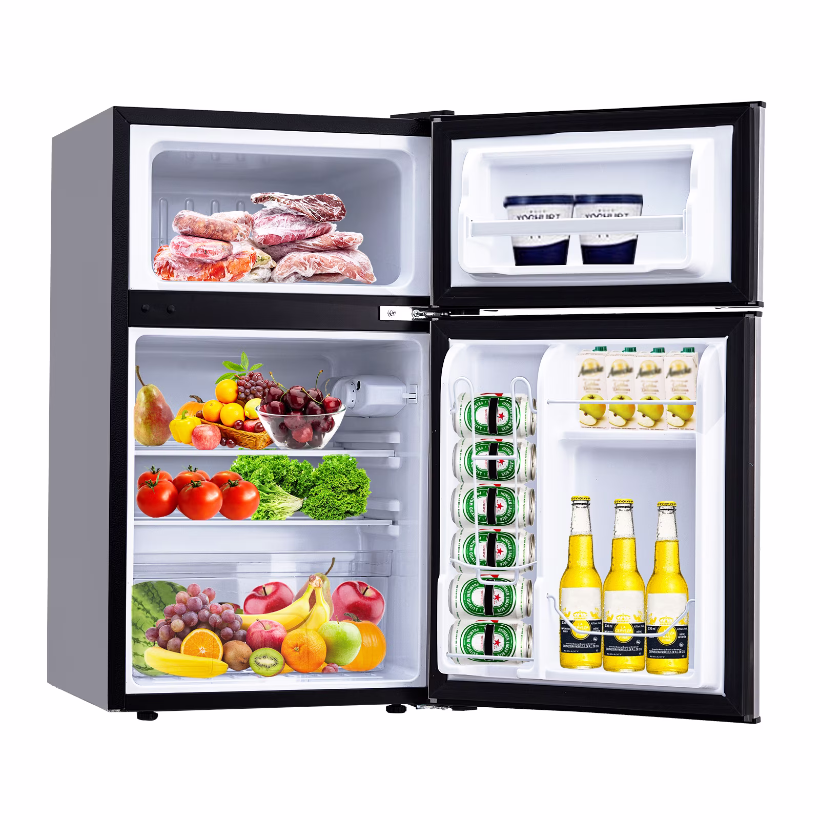 Yesurprise 3.2 Cu. Ft Mini Fridge with Freezer Small Refrigerators Double Door Stainless Steel 5 Thermostat Compact Internal Freezer with Crisper Drawer 90L