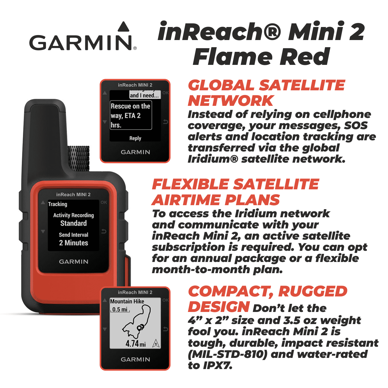 Garmin inReach Mini 2 Satellite Communicator (Flame Red), Hand-Held, Unisex Adult with Wearable4U Power Pack Bundle
