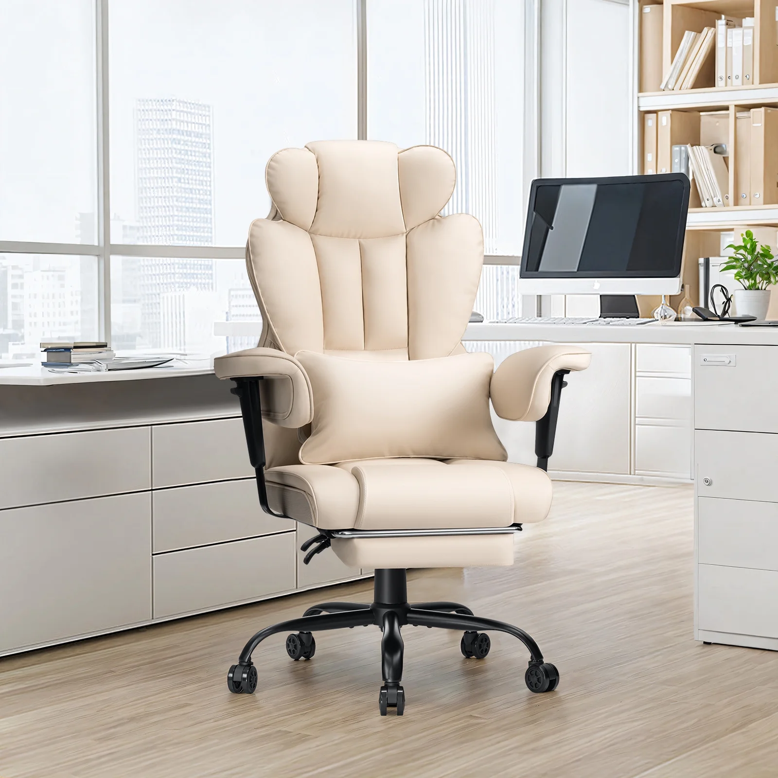 Hoffree Big and Tall Fabric Office Chair 450lbs, Executive Desk Chair with Massage Ergonomic  Computer Chair with Footrest Reclining Desk Office Chair with Lumbar Support for Home Office