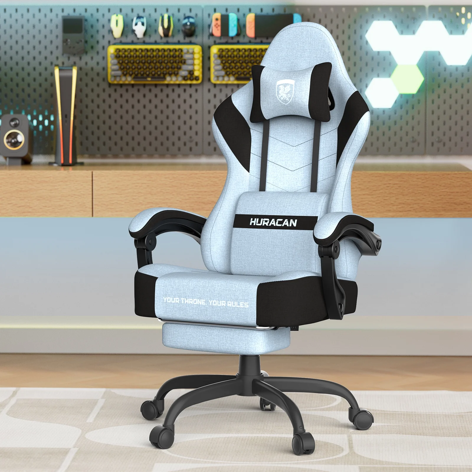 SOONTRANS Gaming Chair for Adults, Ergonomic Linen Fabric Computer Chair with Massage Lumbar Pillow, Gamer Game Chair with Adjustable Headrest, Comfortable Office Chair for Home, White