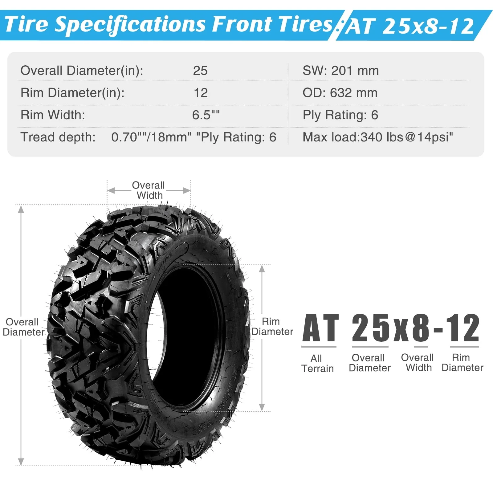 Ktaxon Set of 4 6PR All Terrain ATV UTV Tires, 25x8-12 Front & 25x10-12 Rear, Tubeless