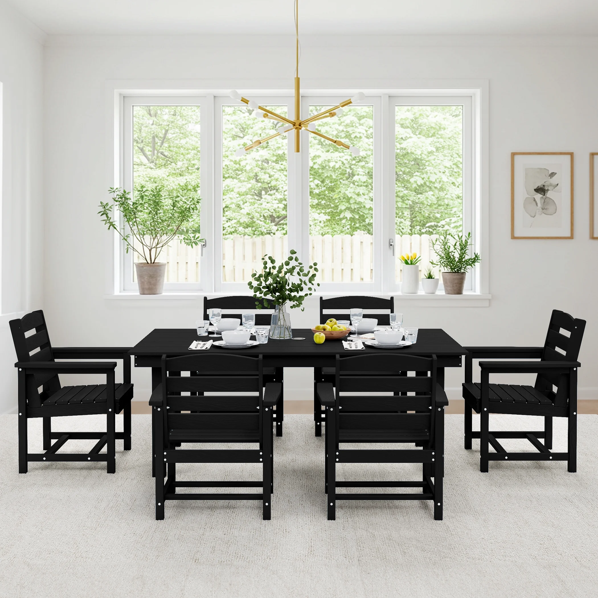 SERWALL Outdoor HDPE Dining Table Set, 7-Piece Outdoor Dining Table Sets with Umbrella Hole, Grey